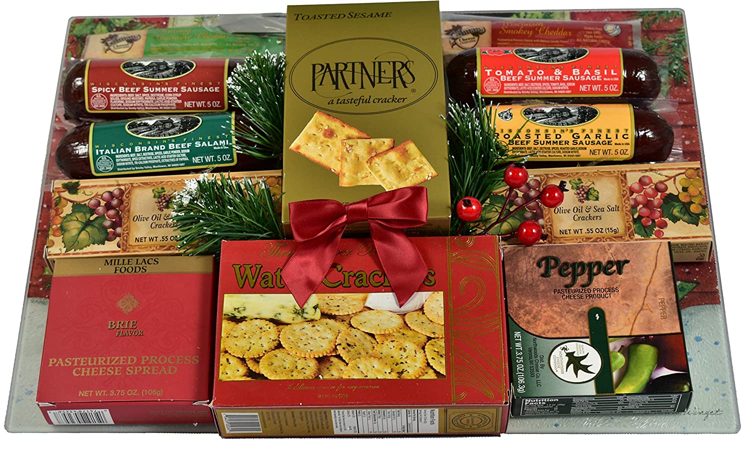 Price:$81.20 Basket Village Crowd Favorites Platter, Holiday Cheese and Sausage on Festive, Glass Snowman Cutting Board/Serving Platter : Home & Kitchen