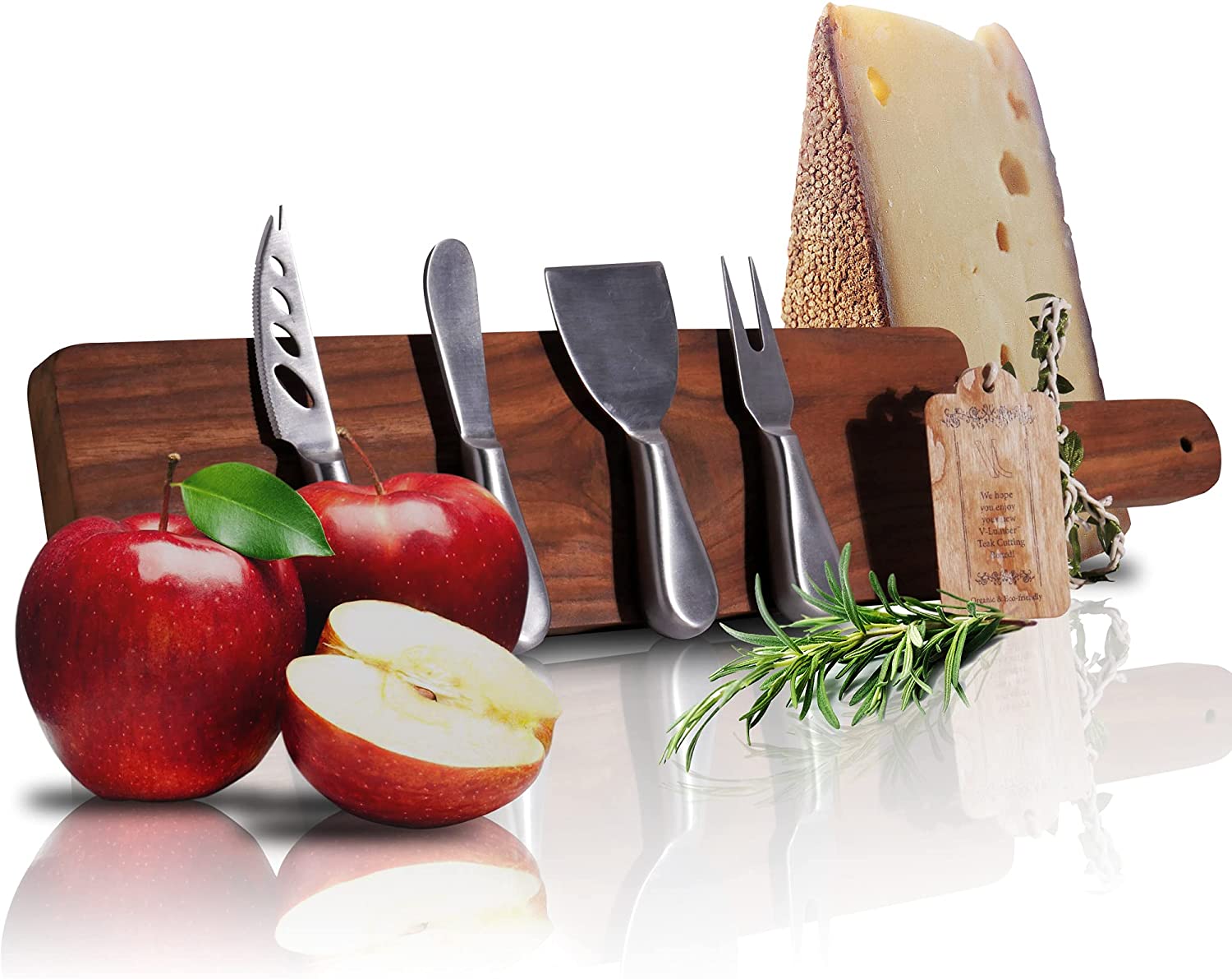 Price:$49.99 gift set by V-Lumber -Unique Handmade Cheese board and knife set made with Real Solid Plantation Teak, includes long charcuterie board and 4 cheese utensils. A Gorgeous gift for any event.: Cheese Plates