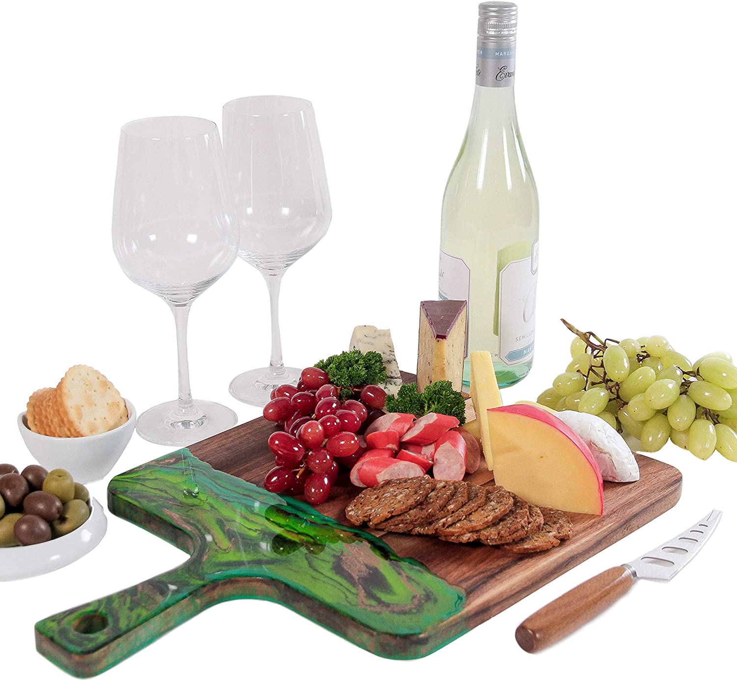 Price:$65.00 wooden Cutting Board, Paddle 11.5 in x 11.5 in plus 5in Handle, Serving Platter, Cheese Board and Knife Set in Gift box. Charcuterie board, Acacia wood,Handmade Forest themed Epoxy Resin: Home & Kitchen