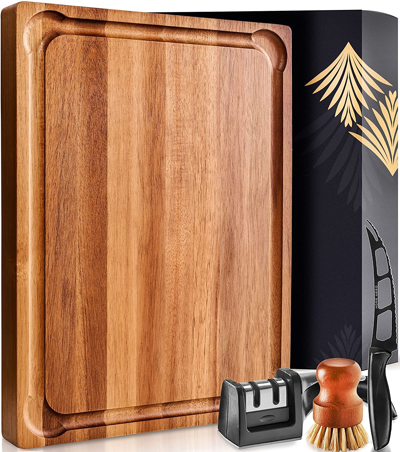 Price:$54.99 Hero Large Wood Cutting Board | Reversible Acacia Wood Chartucerie Board with Handle | Butcher Block Cheese Board with Deep Groove and Bonus Cleaning Brush & Cheese Knife: & Kitchen