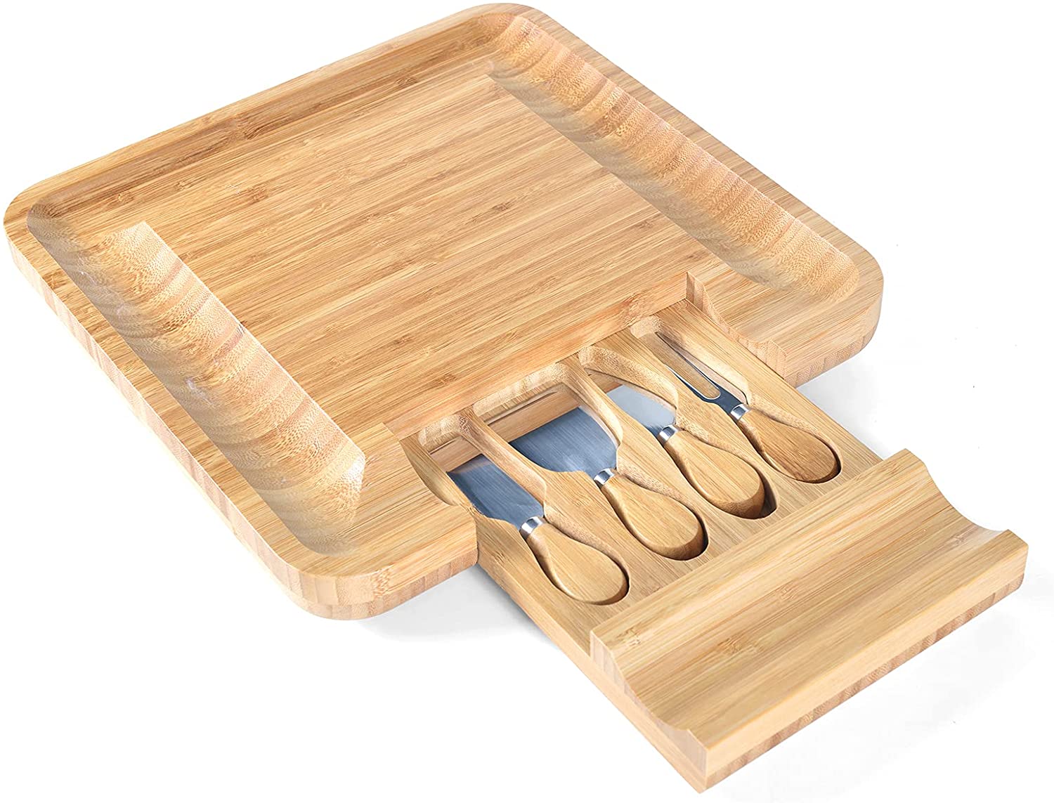 Price:$39.90 Premium Bamboo Cheese Board Knife Set ,Picnic Wooden Charcuterie Platter and Serving Tay with Hidden Slide Out Drawer and 4 Stainless Steel knives Utensils: Cheese Plates