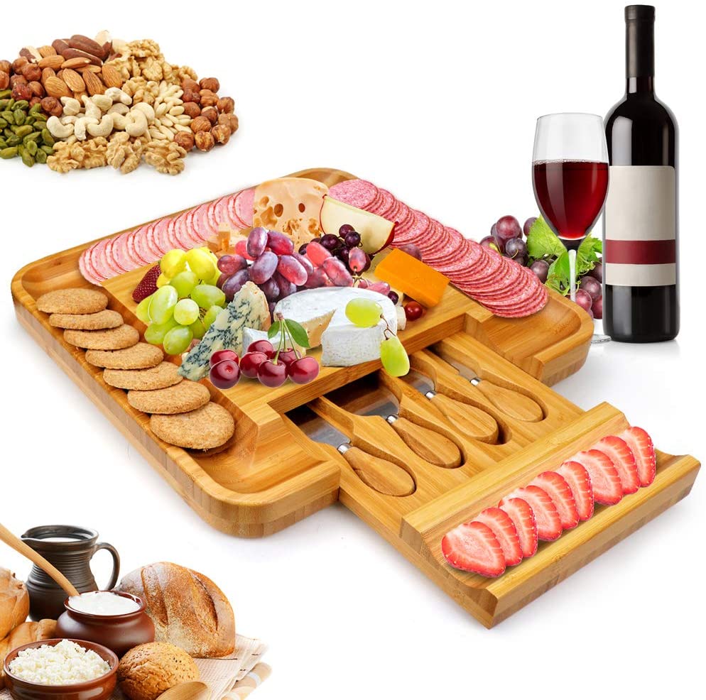 Price:$29.99 Cheese Board Set With Cutlery In Slide-Out Drawer, Charcuterie Platter and Serving Meat Board, Cheese Tray, Unique Gifts for Christmas Wedding Birthday Anniversary: Cheese Plates