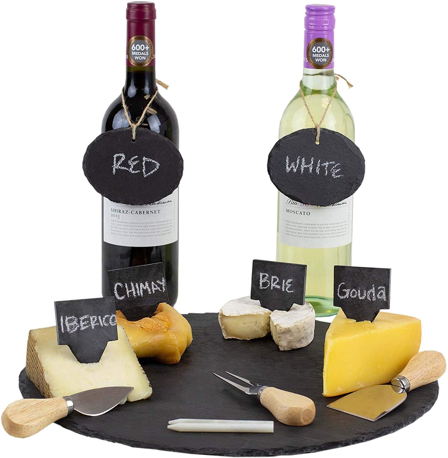 Price:$33.99 Black 12 Piece Genuine Slate Cheese/Charcuterie Board Set 14” Server Plate Tray with Cheese Knifes, Wine Sign and Chalk: Cheese Plates