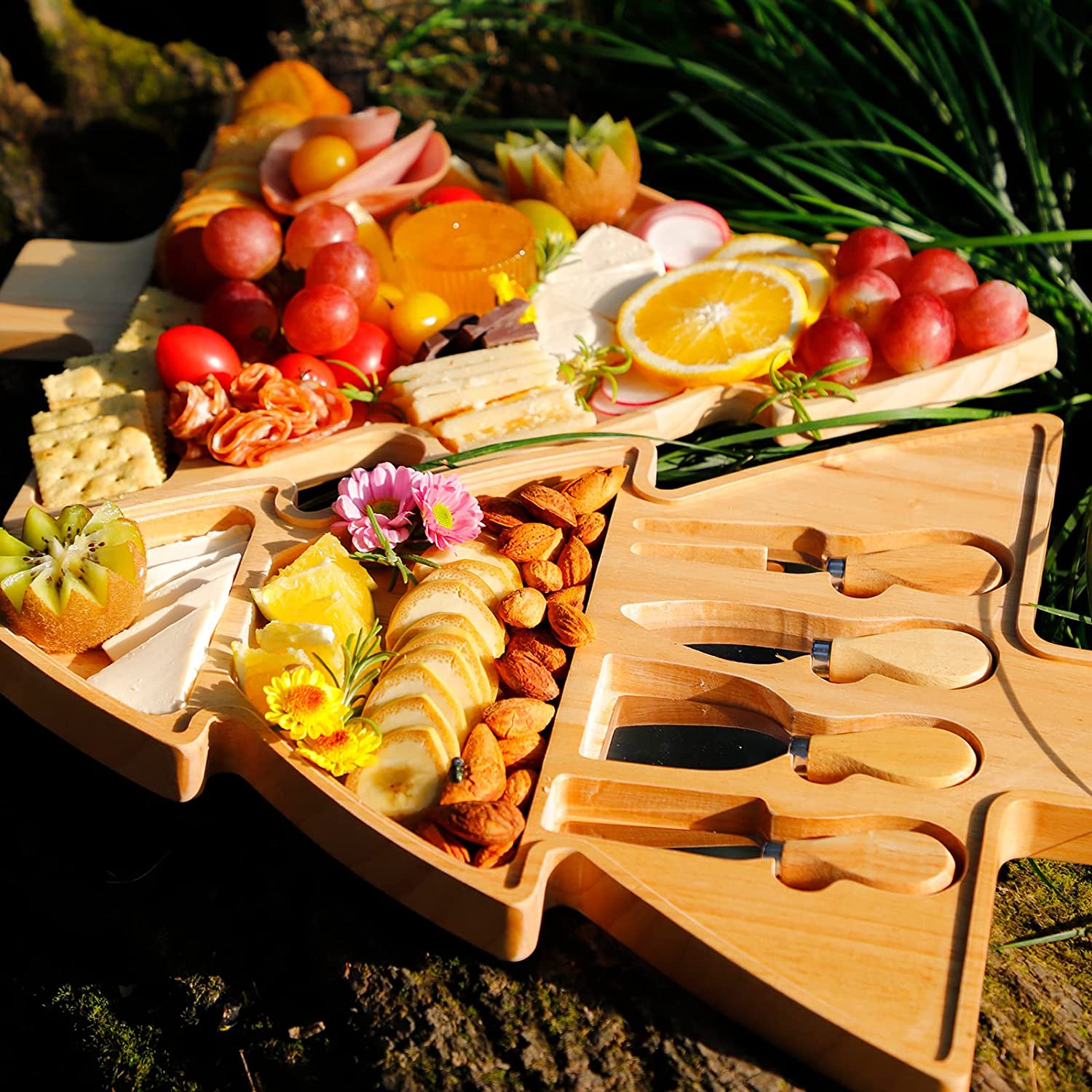 Price:$49.99 Charcuterie Boards & Knife Set for Housewarming Gift/2 Layers Tree Cheese Boards as Christmas/Farmhouse Decor/Handmade Wooden Trays for Serving Cheese,Wine,Meat,Cookies Rubber Wood: Cheese Plates