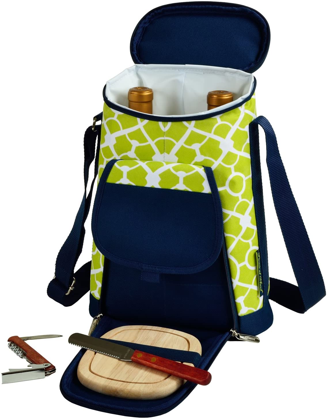 Price:$28.99 at Ascot Stylish 2 Bottle Insulated Wine Tote Bag with Cheese Board, Knife and Corkscrew - Trellis Green: Home & Kitchen
