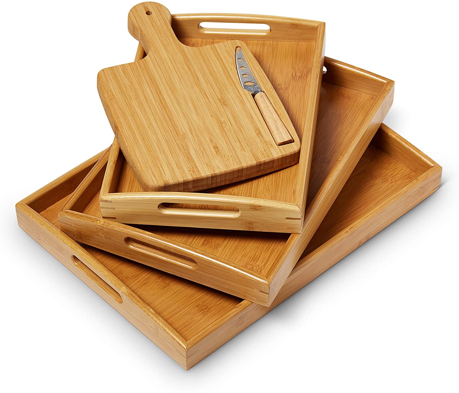 Price:$23.00 Lifestyles Nesting Bamboo Serving Trays & Cheeseboard - Set of Three - Magnetic Knife - Breakfast, Charcuterie, Cocktails - Home Décor - Natural : Home & Kitchen