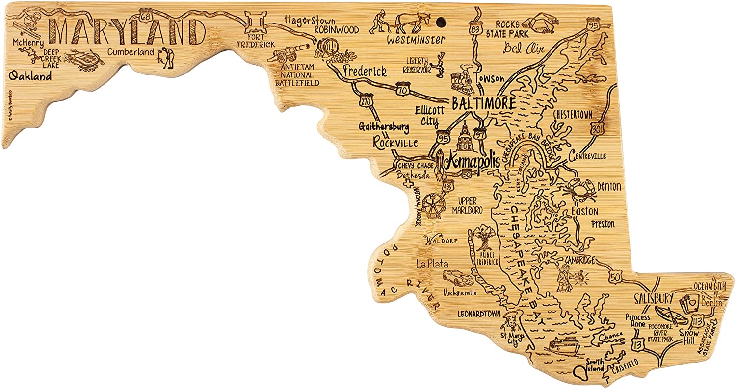 Price:$29.99 Bamboo Destination Maryland State Shaped Serving and Cutting Board, Includes Hang Tie for Wall Display: Home & Kitchen