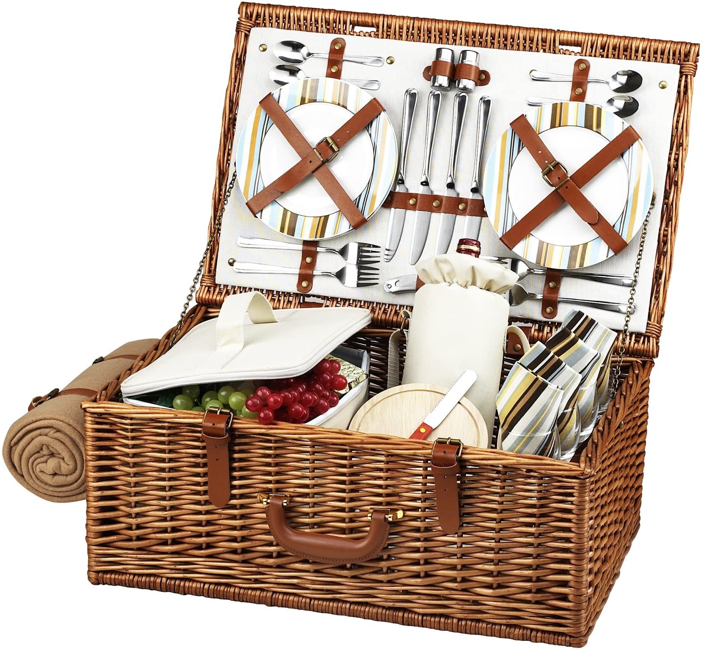 Price:$220.00 at Ascot Original Dorset English-Style Willow Basket with Service for 4 and Blanket- Designed, Assembled & Quality Approved in the USA
