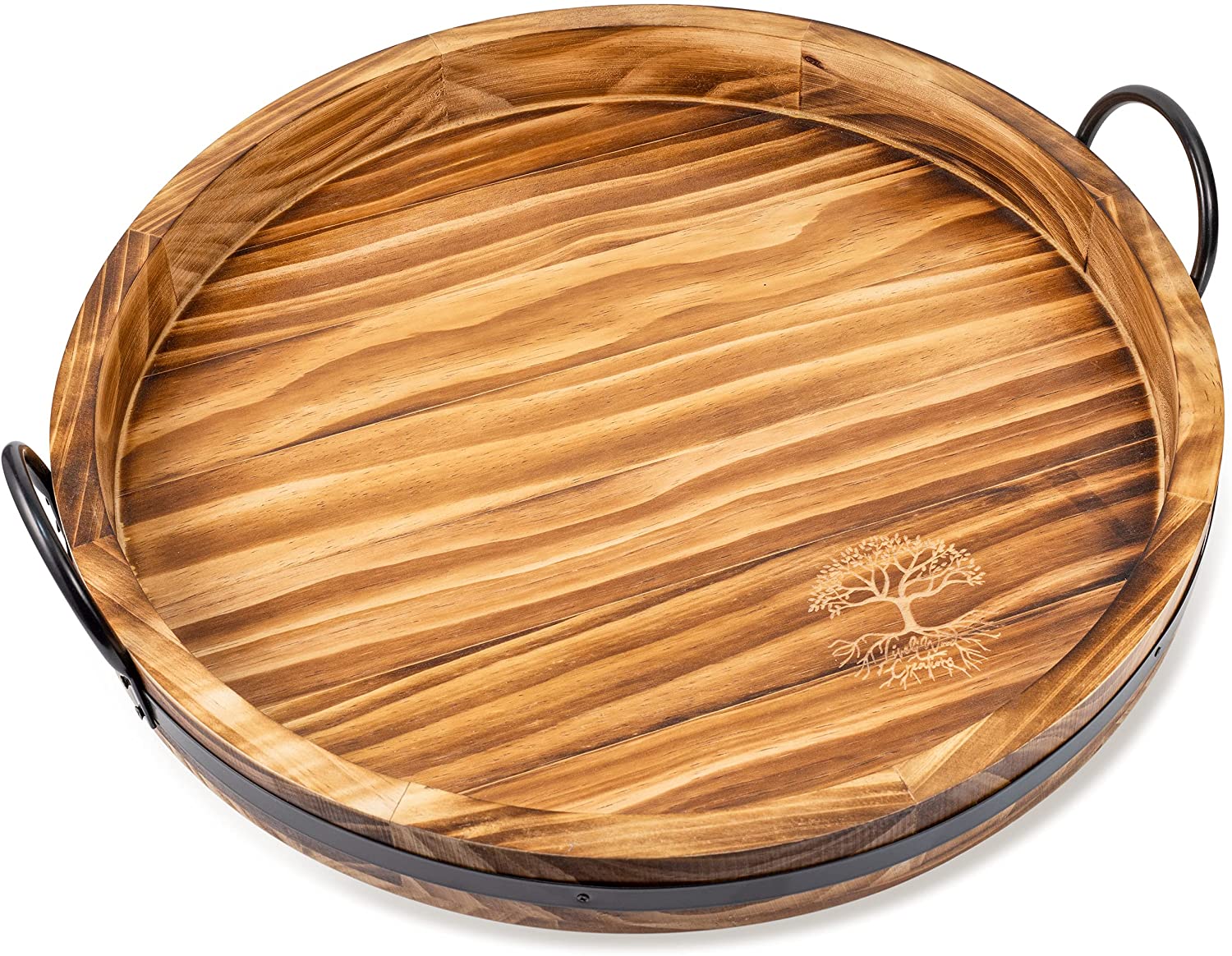 Price:$64.95 Round Wood Tray - 19.5 x 18 x 3” (LxWxH) - Rustic Serving Tray with Galvanized Handles for Coffee, Wine, Dessert, and More - Decorative Centerpiece Round Coffee Table Tray : Home & Kitchen