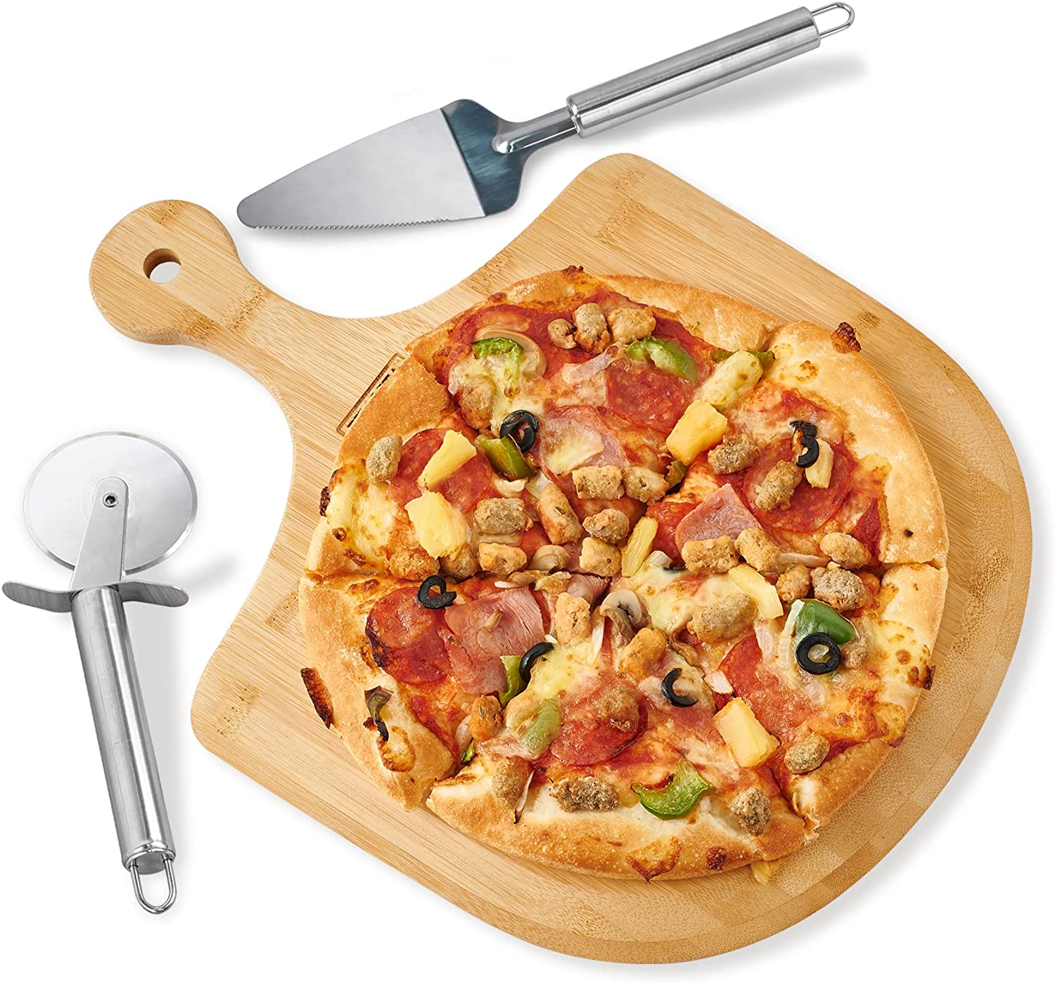 Price:$19.99 Peel 12 inch with Cutting Wheel & Shovel, Bamboo Paddle with Easy Glide Edges & Handle, Wooden Board for Baking Homemade & Bread, Cutting Fruit, Vegetables, Cheese: Home & Kitchen