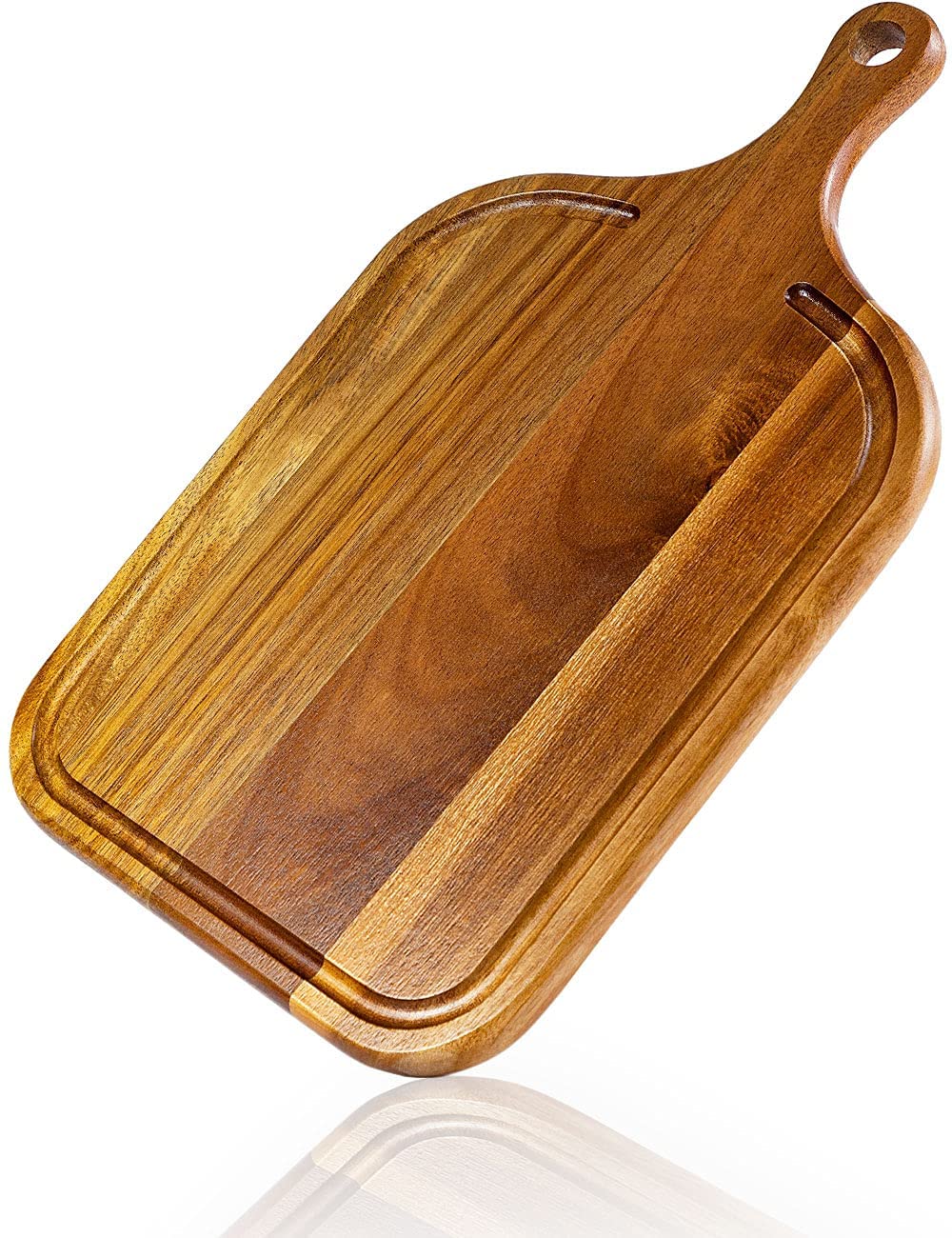 Price:$24.99 Acacia Wood Cutting Board with Handle - Premium Wooden Serving Cheese Board with Juice Groove for Cheeses, Bread, Sandwich, Appetizers(17 x 10 inches): Home & Kitchen