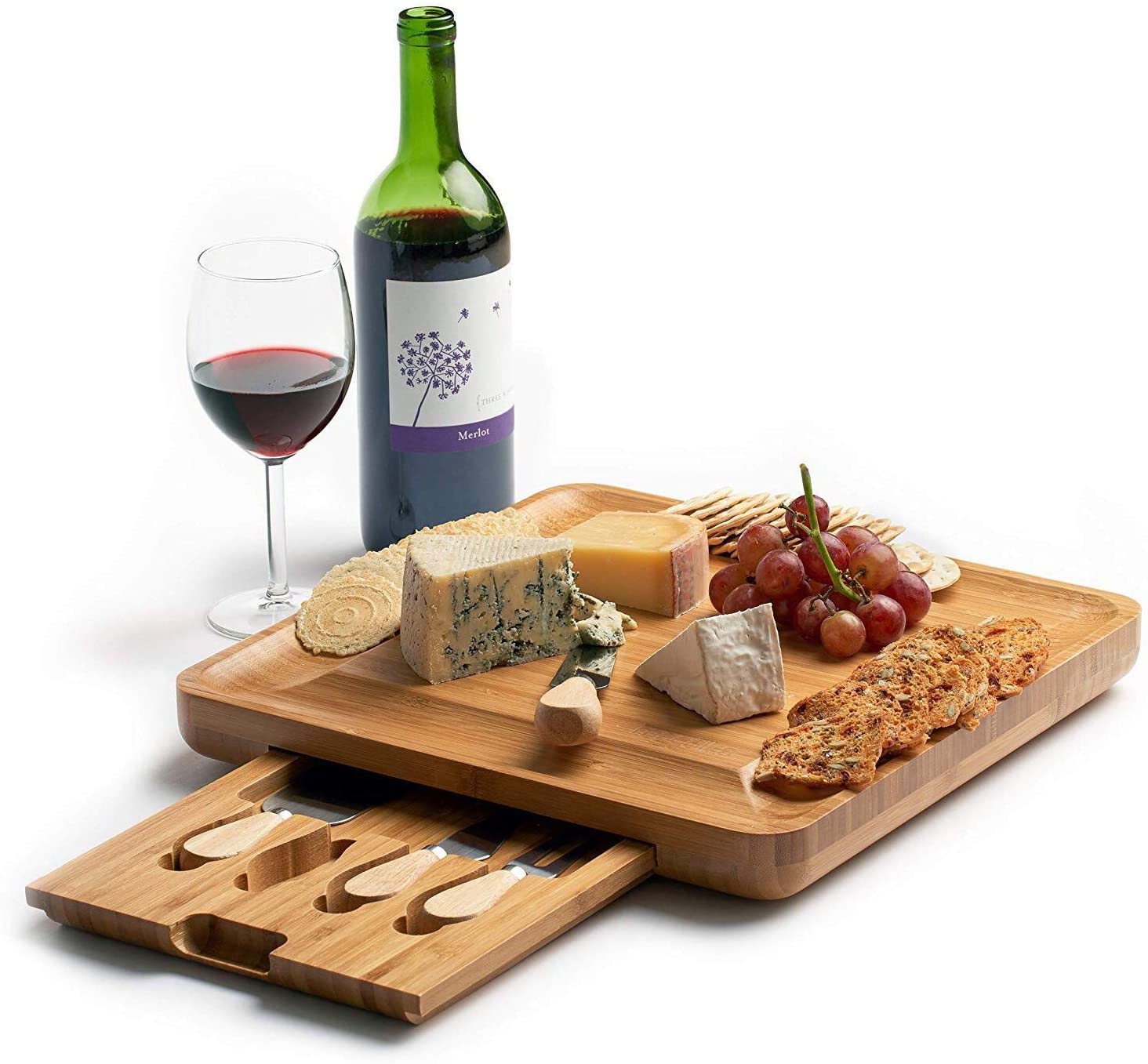 Price:$49.99 Bamboo Cheese Board Set with Slide Out Drawer and Stainless Steel Knives Perfect Birthdays, Housewarming Parties, Family Reunions & Wedding Gifts: Cheese Plates