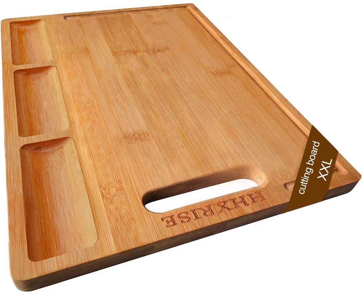 Price:$30.69 Organic Bamboo Cutting Board For Kitchen, With 3 Built-In Compartments And Juice Grooves, Heavy Duty Chopping Board For Meats Bread Fruits, Butcher Block, Carving Board(19.7x14''): Home & Kitchen