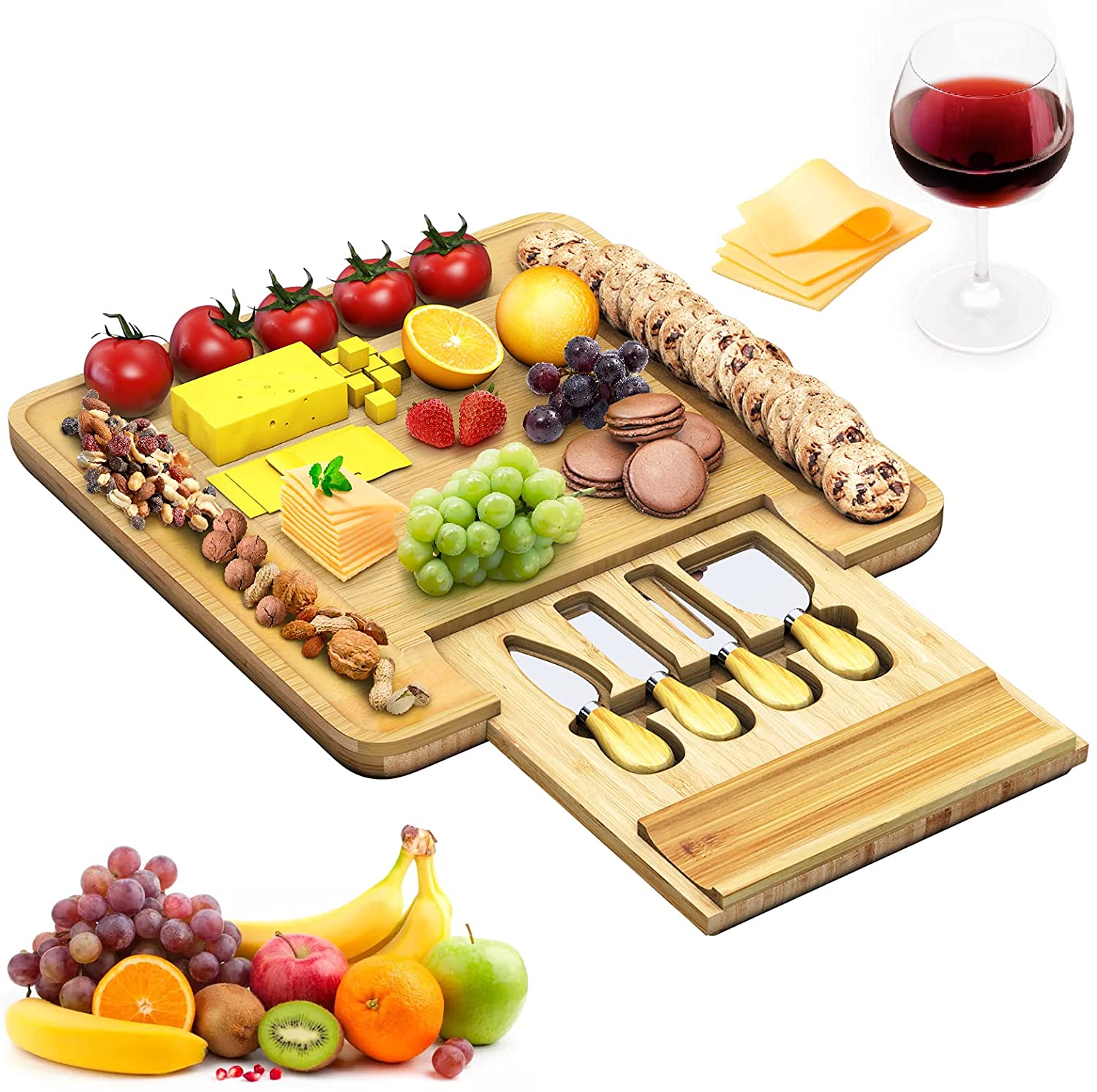 Price:$42.99 Cheese Board Set With Cutlery In Slide-Out Drawer Including Stainless Steel Serving Utensils - Perfect Charcuterie Board and Serving Tray for Entertaining or Gift Giving (Square): Cheese Plates