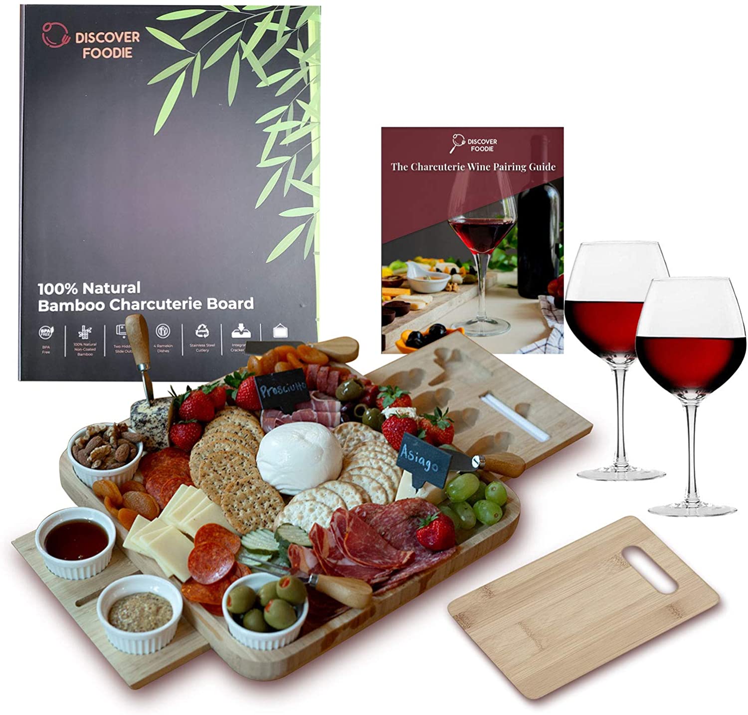 Price:$44.99 Foodie Natural Uncoated Bamboo Charcuterie Board w/ Knife Set - Big Serving Tray Platter for Cheese, and Meat - Perfect Christmas, Wedding, Kitchen and Wine Gift - Hidden Drawer w/accessories: Cheese Plates