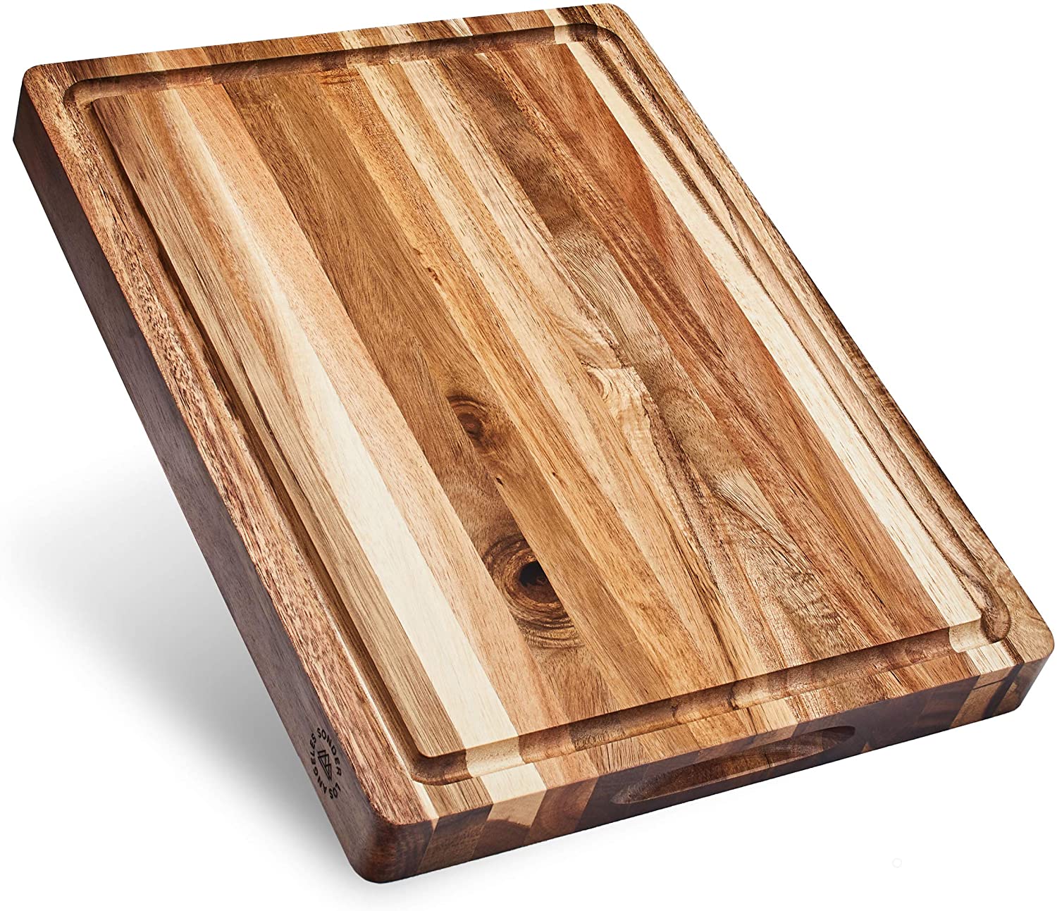 Price:$49.95 Los Angeles, Thick Sustainable Acacia Wood Cutting Board with Juice Groove, Sorting Compartment 16x12x1.5 in (Gift Box Included): Home & Kitchen