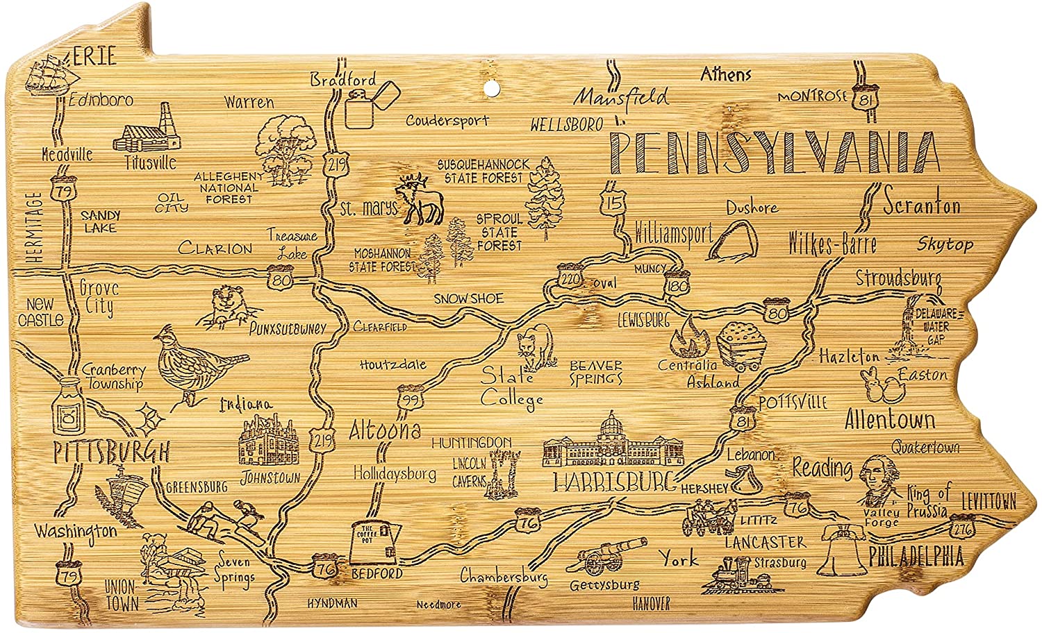Price:$29.99 Bamboo Destination Pennsylvania State Shaped Serving and Cutting Board, Includes Hang Tie for Wall Display: Home & Kitchen
