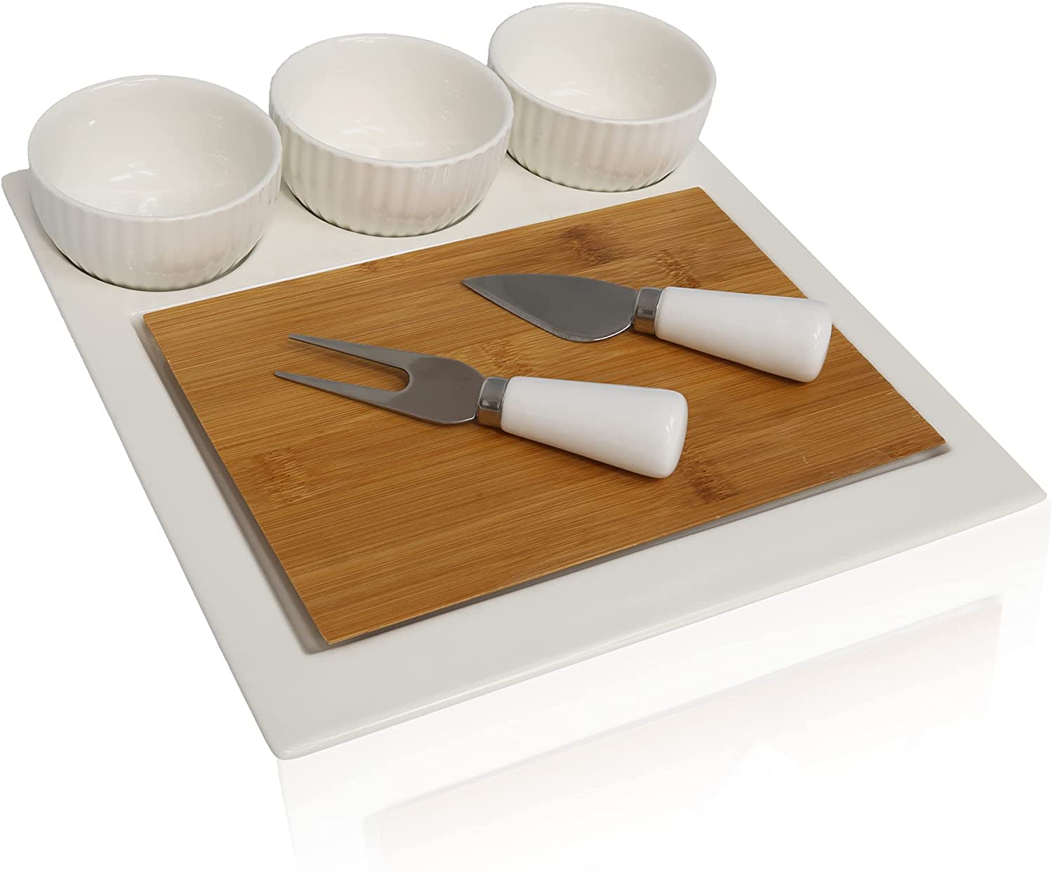 Price:$19.99 Board Set with 3 Ceramic Bowls and Cutlery Bamboo Cheese Board and Knife Set - Perfect Snack and Appetizer Serving Platters for Wine and Cheese Party 2.50 x 11.00 x 11.00": Cheese Plates