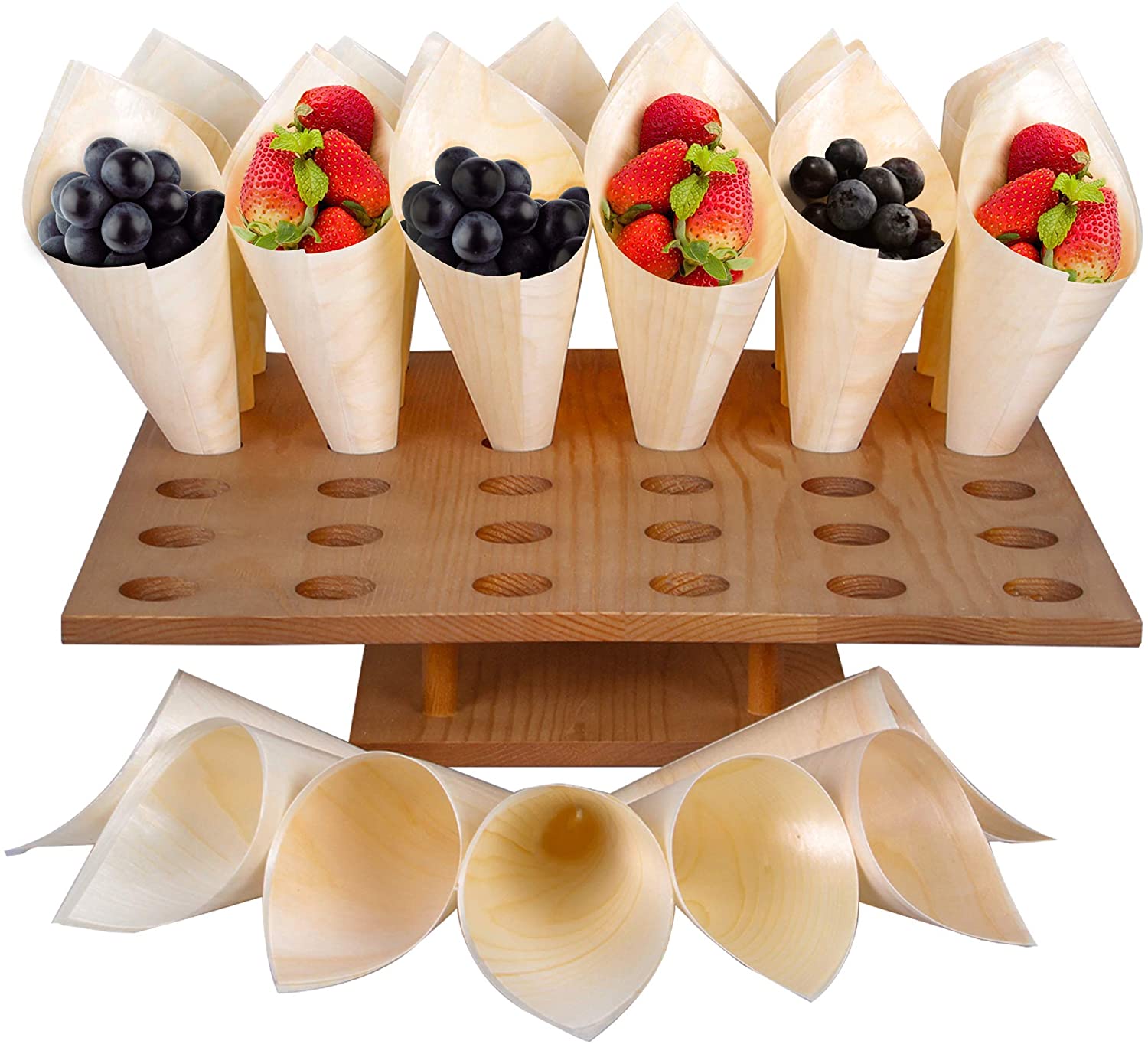 Price:$47.99 Cream Cone Holder Stand - w/ 100 Wooden Cones – Snack Tray for Weddings - Food Cone Stand for Buffets, Restaurants, Food Trucks or Catered Events - 13"L x 13"W x 3"H: Serveware Accessories