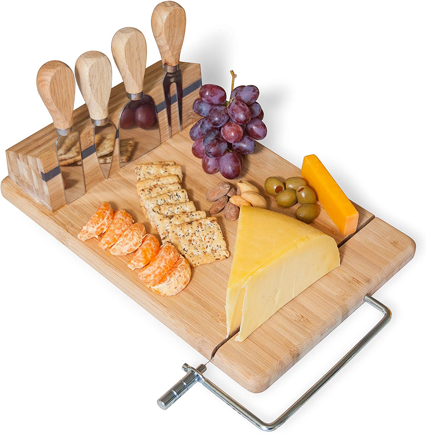 Price:$19.99 Bamboo Cheese Board with Wire Slicer, 4-Piece Knife Set: Home & Kitchen