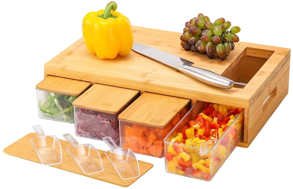 Price:$39.99 Cutting Board with Containers, Wood Cutting Board with Drawers, Chopping Board with Trays, Juice Groove and Handle, 4 Drawers, for Meat, Vegetables, Cheese, Fruits, 4 Scoops included: Home & Kitchen