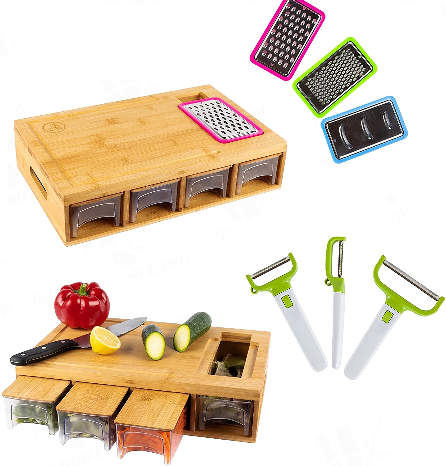 Price:$44.99 LAND Bamboo cutting board with container & vegetable peeler set, cutting board with Juice groove, Bamboo cutting board with tray& graters for kitchen, cutting board with handles & food opening: Home & Kitchen