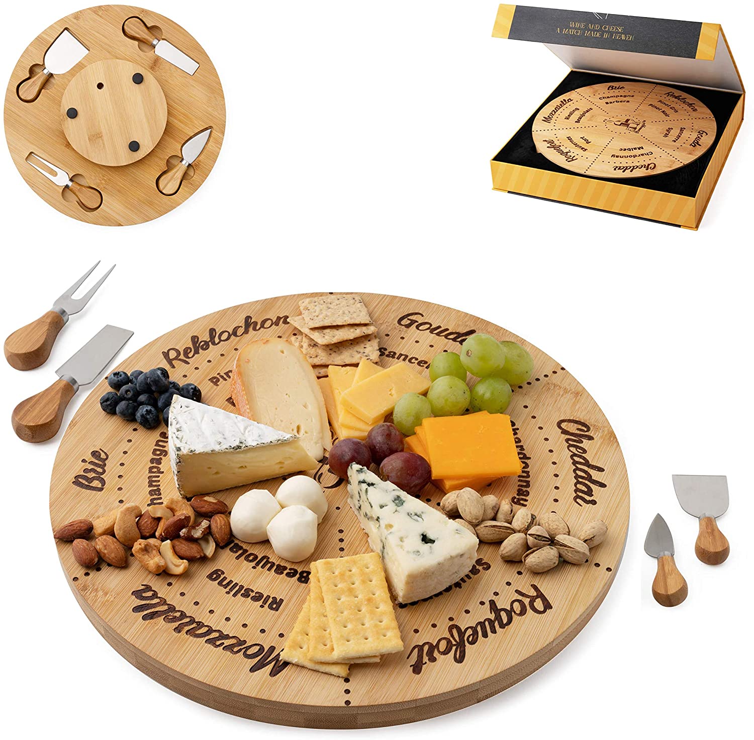 Price:$35.95 Wine Pairing Cheese Board and Knife Set, Wine and Cheese Serving Set Lazy Susan Tray, 12.5" Natural Moso Bamboo Charcuterie Platter, Perfect Hostess Gift, Swivel Server Cheeseboard Gift Set: Cheese Plates