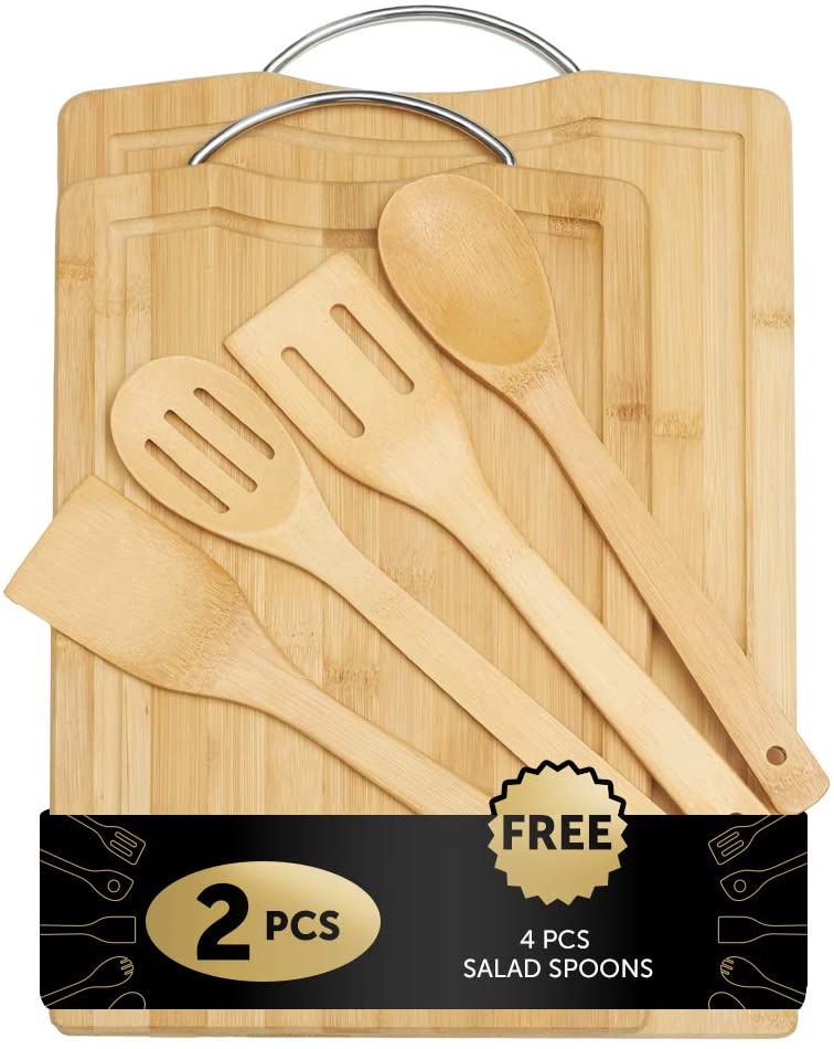 Price:$22.29 2-Piece of Organic Bamboo Cutting Board with Metal Handle - Kitchen Chopping Boards for Meat, Cheese & Vegetables- Serving Tray with FREE Salad Spoon Set: Home & Kitchen