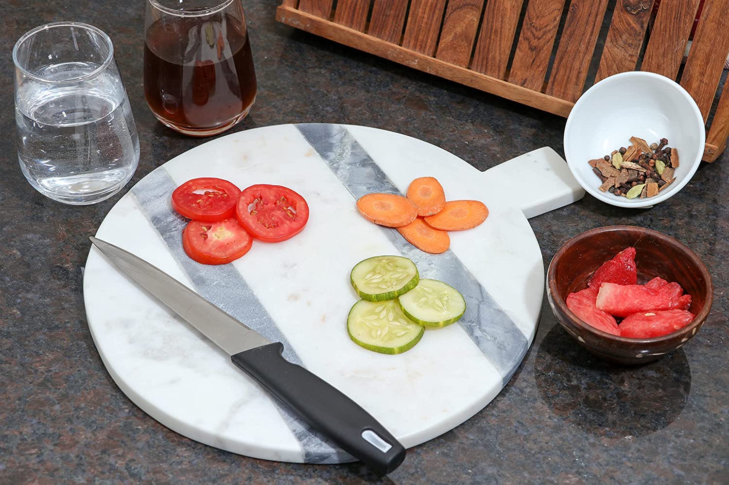 Price:$45.97 Natural White And Grey Marble Round Chopping Board Champagne Marbles Cutting Board Stylish Stone Cheese Board For Home And Kitchen Great Gift For Cooking Lover Size : Lx30, Wx28Cm: Home & Kitchen