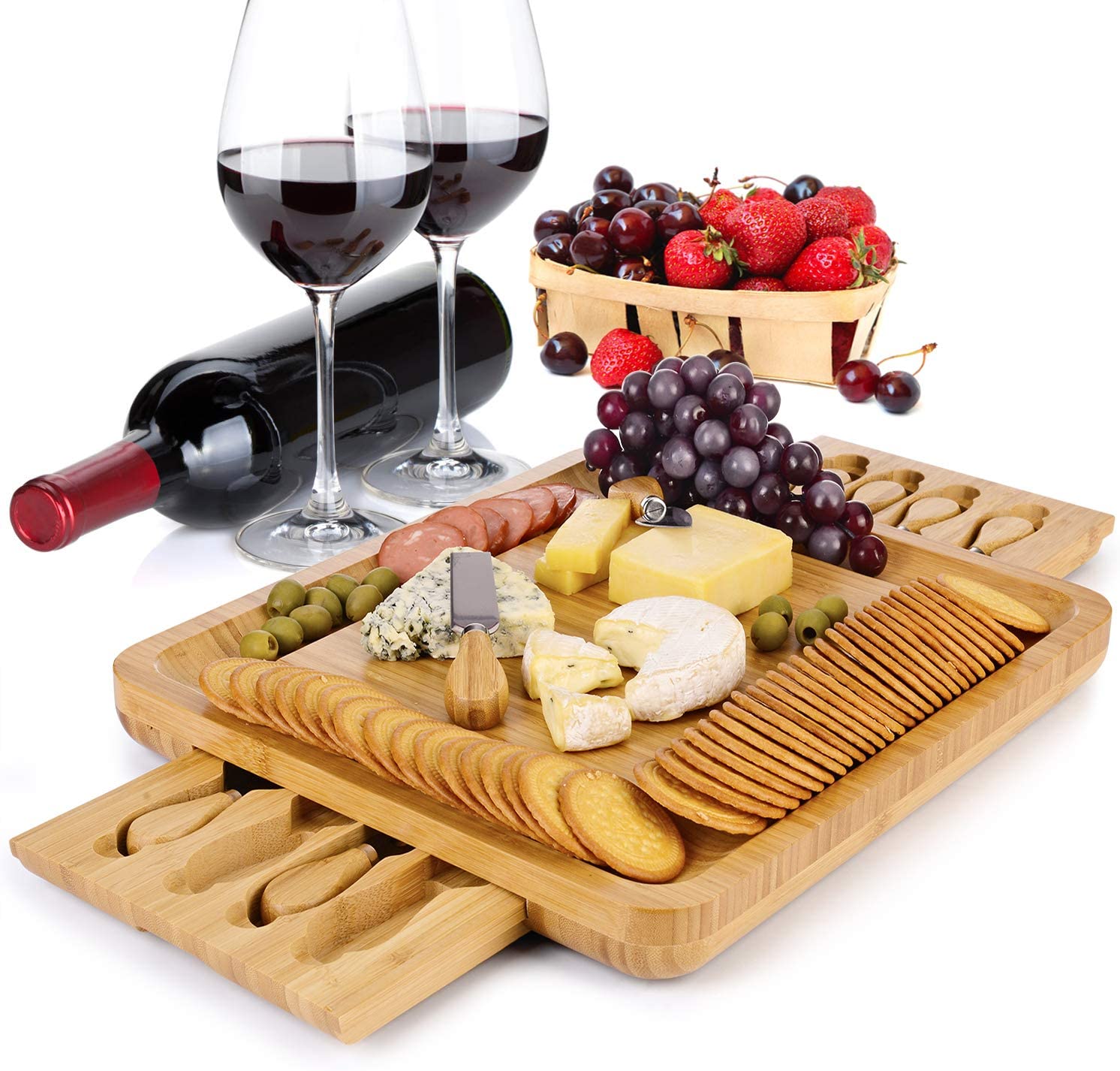 Price:$34.99 ZONE Bamboo Cheese Board Set Cheese Plate Cheese Tray with Two Sided Drawer, 8 Specialist Stainless Steel Knife, Perfect Christmas Gifts for Family, Friend or Lover: Cheese Plates