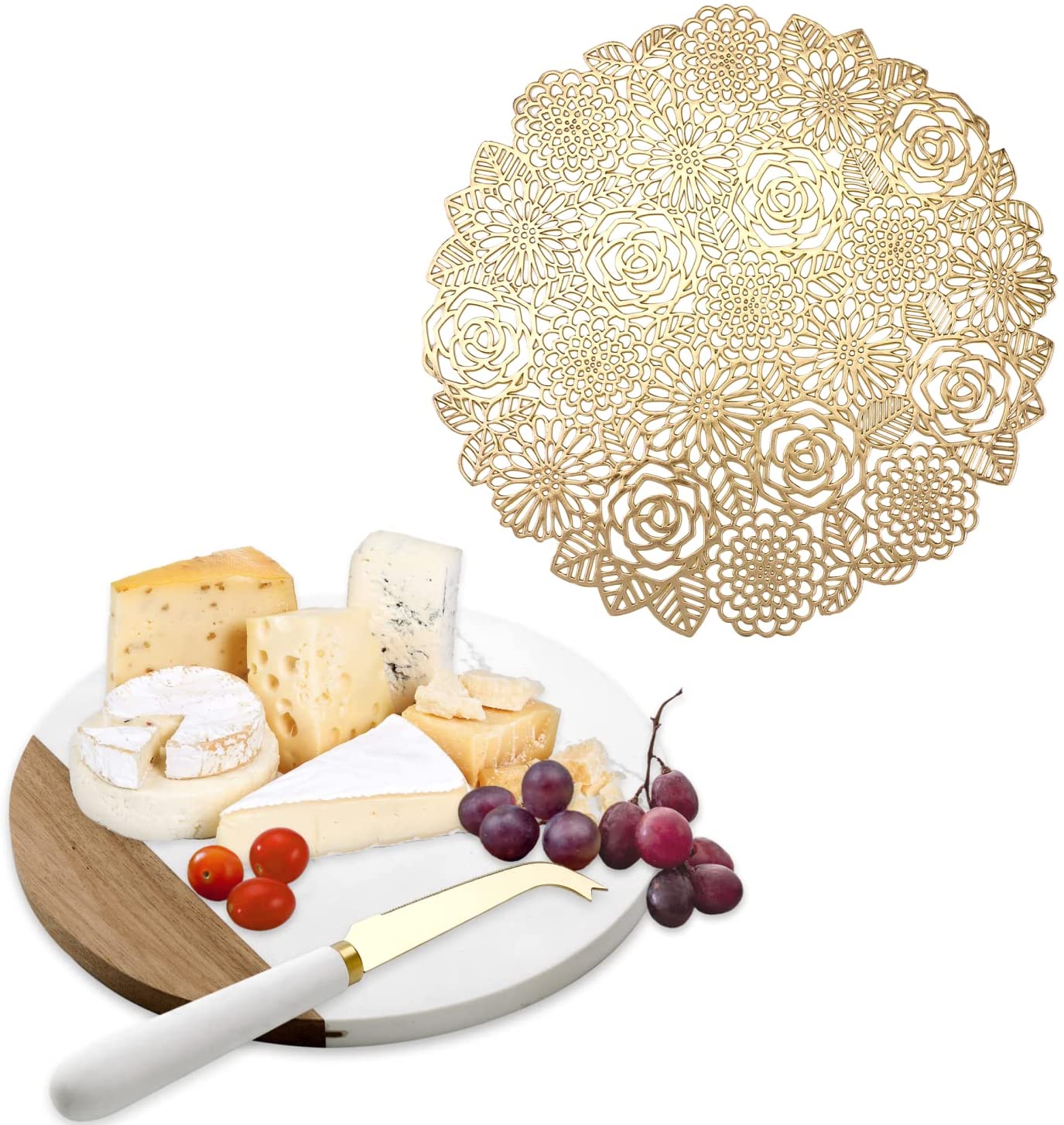 Price:$49.99 Elegant Round Gold Placemats Set of 6 White Marble and Acacia Wooden Cheese Board & Knife Set : Home & Kitchen