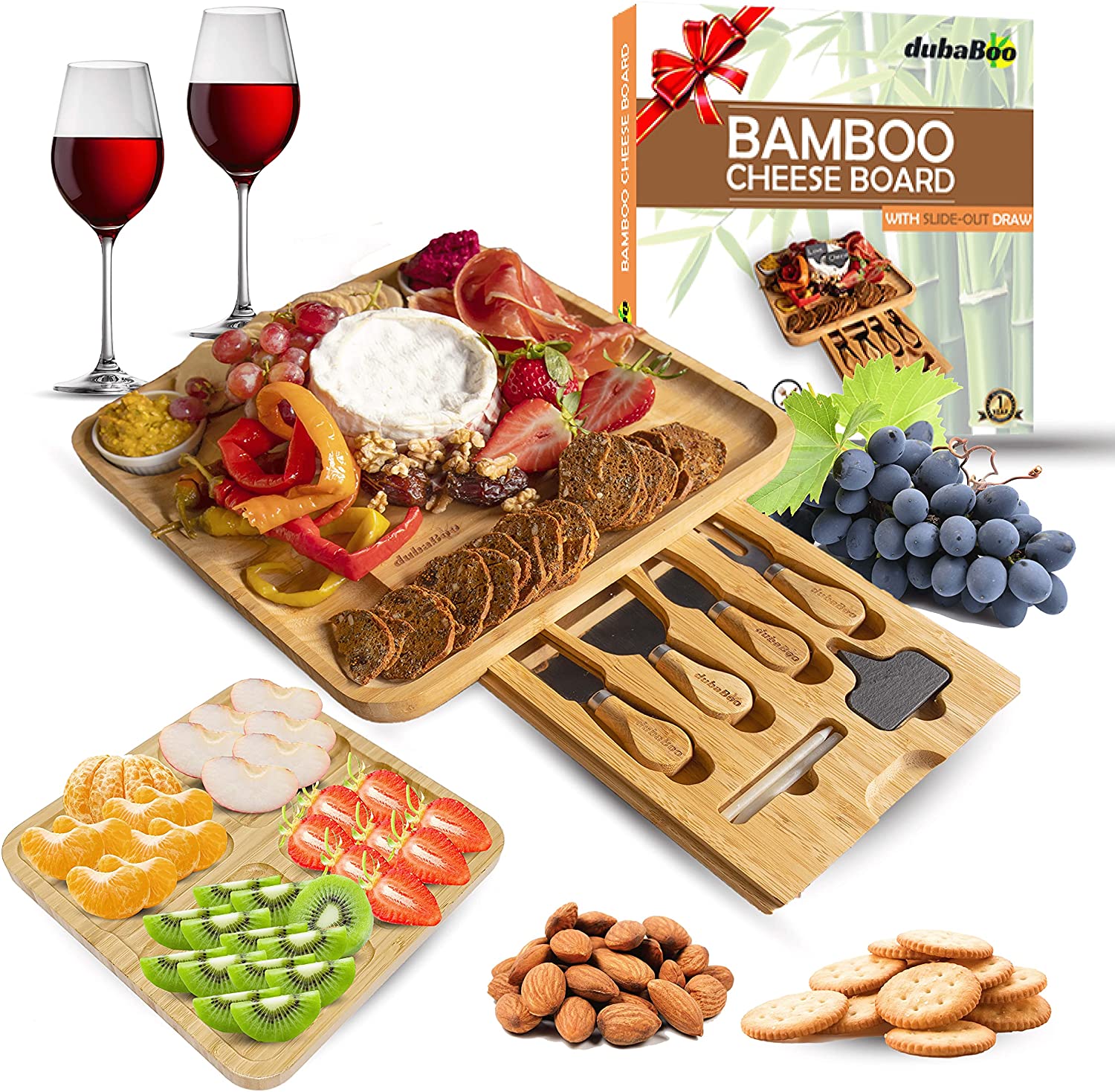 Price:$49.99 Board Natural Bamboo platter with Knife and Forks Set with Ceramic Bowls dubaBoo Charcuterie Platter and Serving Meat, Board with Slide Out Drawer, Gift for any occasion.: Plates