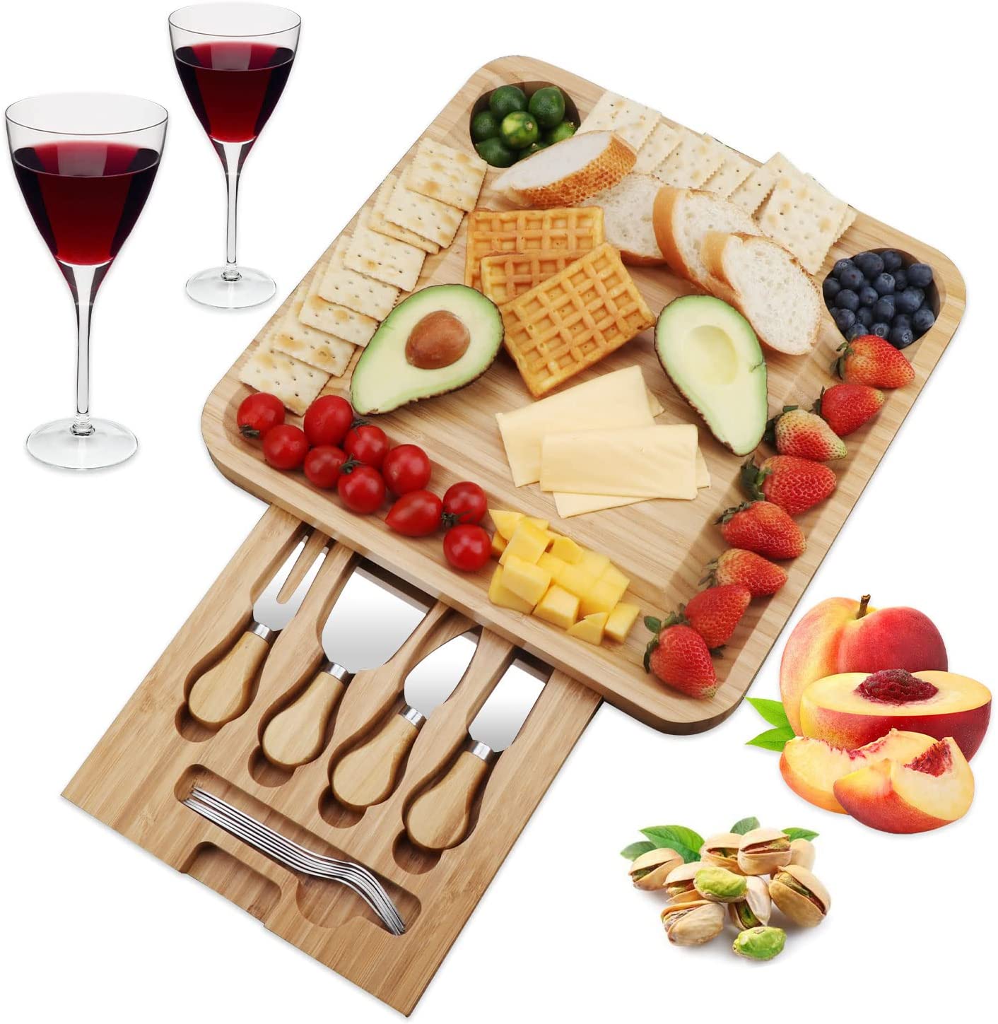 Price:$32.99 Board and Knife Set: 12 x 13 x 2 Inch Charcuterie Platter for Wine, Cheese, Meat Bamboo Cutting Boards for Kitchen: Plates