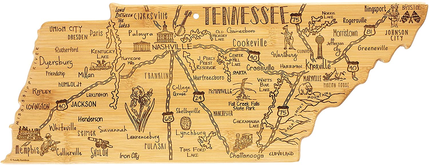 Price:$29.99 Bamboo Destination Tennessee State Shaped Serving and Cutting Board, Includes Hang Tie for Wall Display: Home & Kitchen
