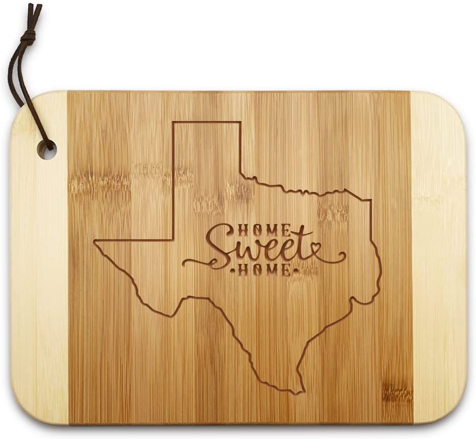 Price:$16.99 Texas State Map Pattern Home Sweet Home Engraved Two-Tone Bamboo Cutting Board for Kitchen, Cheese Serving Platter Charcuterie Boards, Housewarming Birthday Wedding Father's Day Gifts, 11x8 Inch: Home & Kitchen