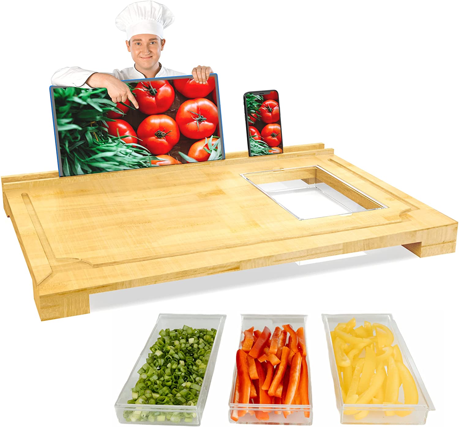 Price:$54.99 Extra Large Bamboo Cutting Board - 4 Piece Set - Phone, Ipad, Tablet Stand - Extra Containers/Compartments - Non Slip Feet, Meal Prep Station - Use for Cheese & Meat Charcuterie Boards: Home & Kitchen