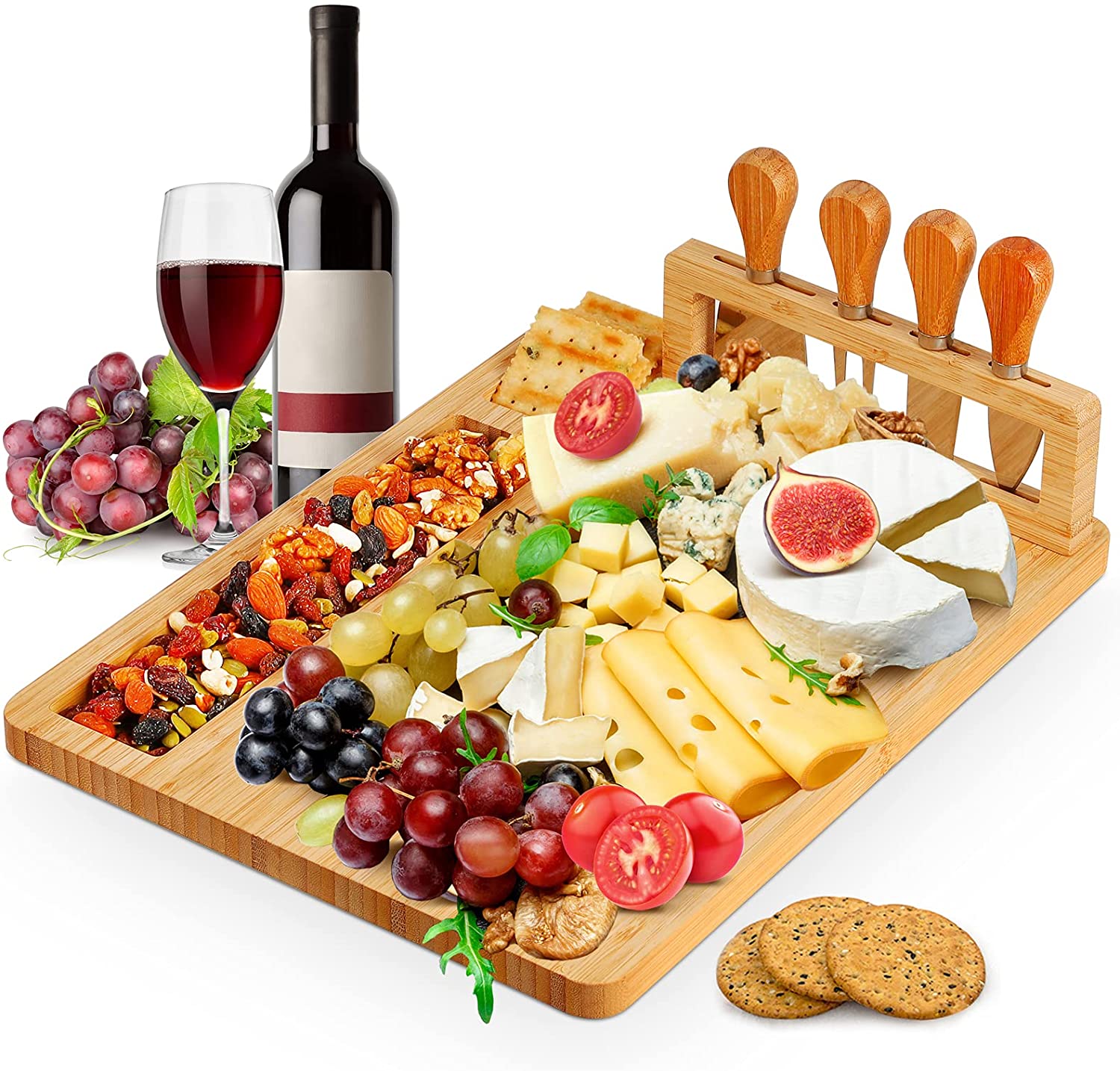 Price:$29.99 Bamboo Cheese Board, Cheese Plate Charcuterie Board Platter Set Serving Tray Including 4 Stainless Steel Knife, Unique Gifts for Christmas Wedding Birthday Anniversary (14''x11''): Cheese Plates