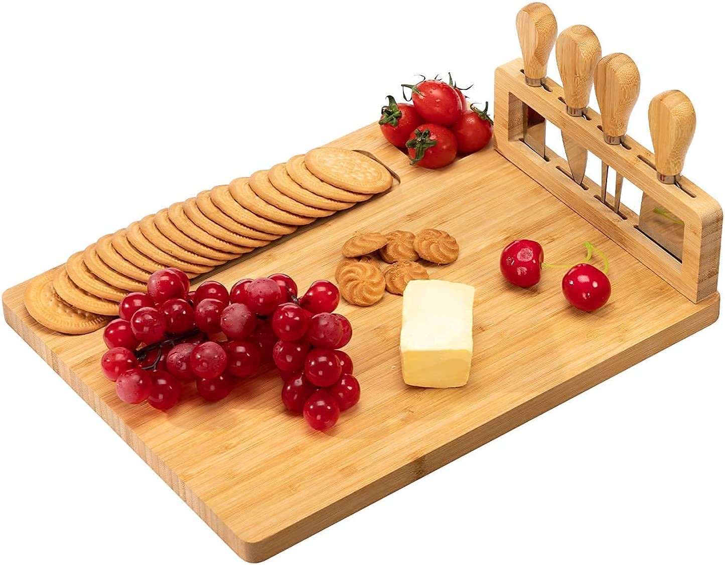 Price:$25.89 Bamboo Cheese Board Set, Containing 3 Stainless Steel Knives, Used For Cheese Fruit And Cooked Food Platter, Natural(14"11"): Cheese Plates