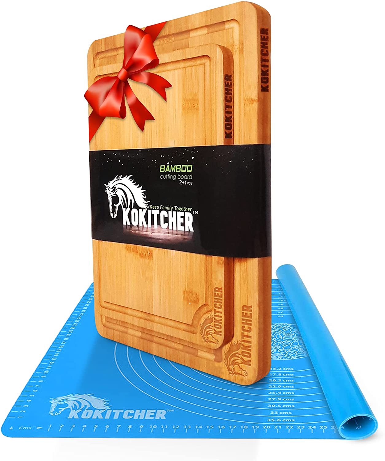 Price:$25.99 Bamboo Cutting Board Set of 2 Bundle with Silicone Baking Mat - 2-size Kitchen Natural Bamboo Reversible Thickened Chopping Boards with Juice Groove and Handles: Home & Kitchen