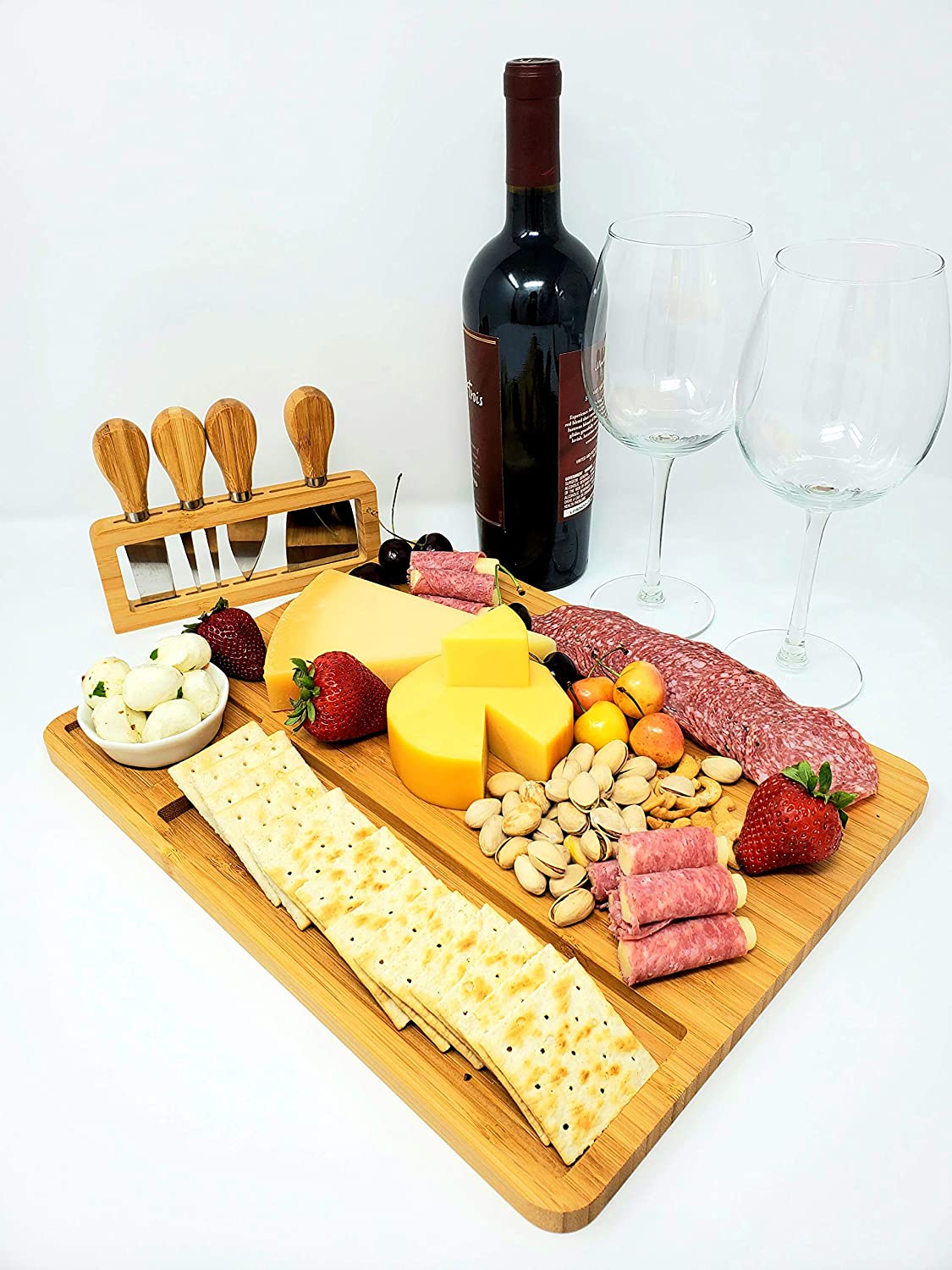 Price:$27.99 Bamboo Cheese Board and Knives Set with Ceramic Bowl - Serving / Appetizer / Fruit Tray: Cheese Plates