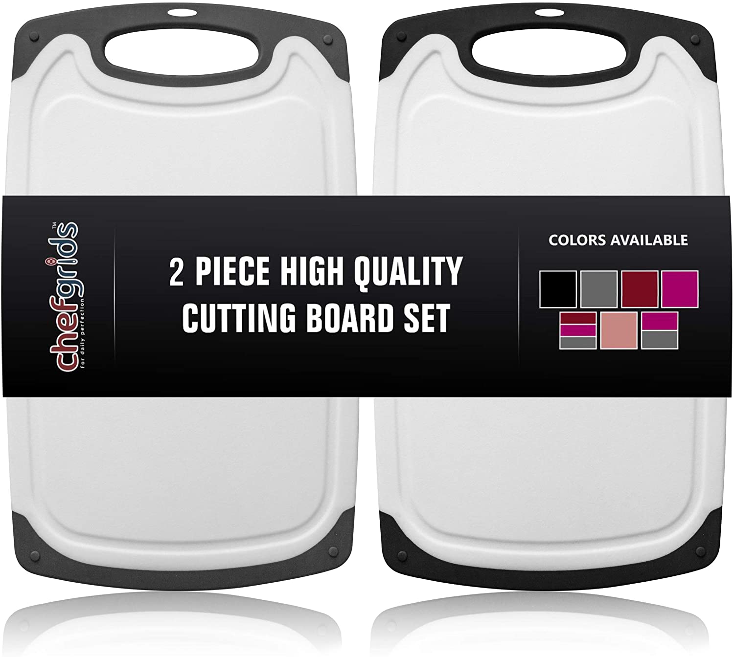 Price:$28.99 GRIDS Durable Plastic Cutting Board Set, Chopping Board Thick Plastic, for Vegetable Meat or Cheese with Non-Slip Feet and Handles with Juice Groove | Dishwasher Safe (2-pc Set, Black, Grey): Home & Kitchen