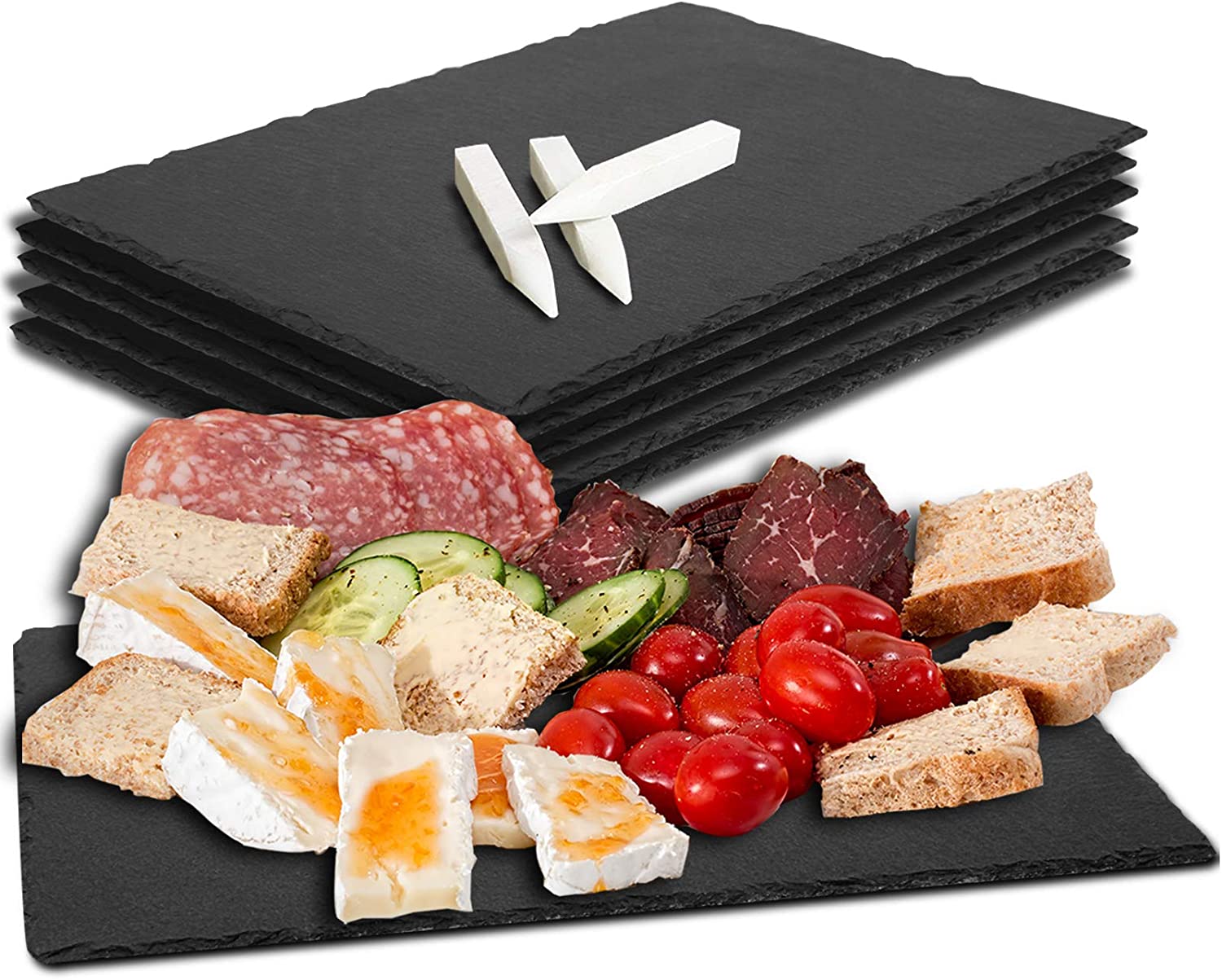Price:$21.99 Pack Slate Cheese Boards, LAVEMCH 9” x 6” Charcuterie Boards Sussi Plate Stone Tray with 3 Pieces Soapstone Chalks for Cheese, Meats, Appetizers, Dried Fruits, Gourmet, Black: Cheese Plates