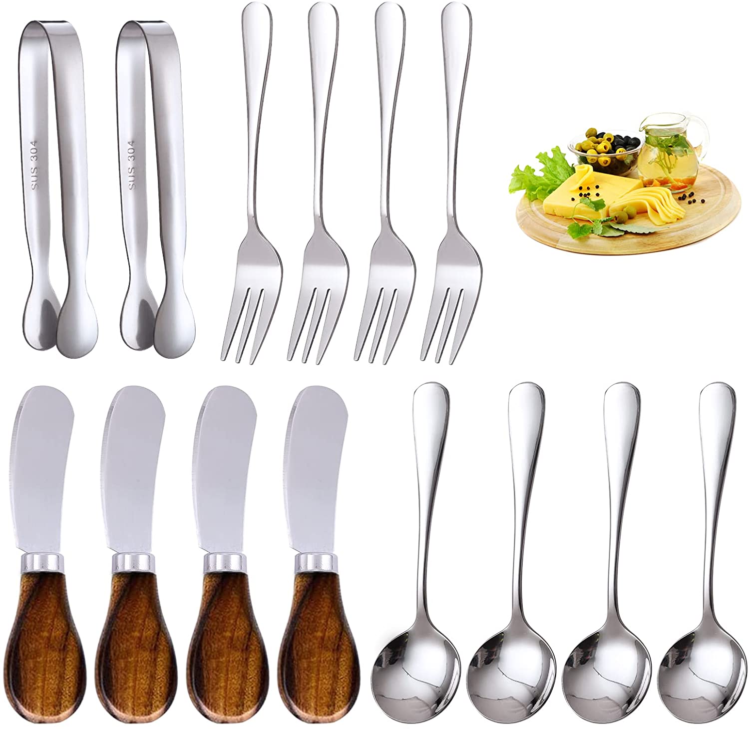 Price:$14.99 Pcs Cheese Spreader Set, Stainless Steel Butter Knife, Mini Tongs, Serving Spoon and Fork, Used for Cheese Spreader Knives for Cheese, Butter, Jam: Home & Kitchen