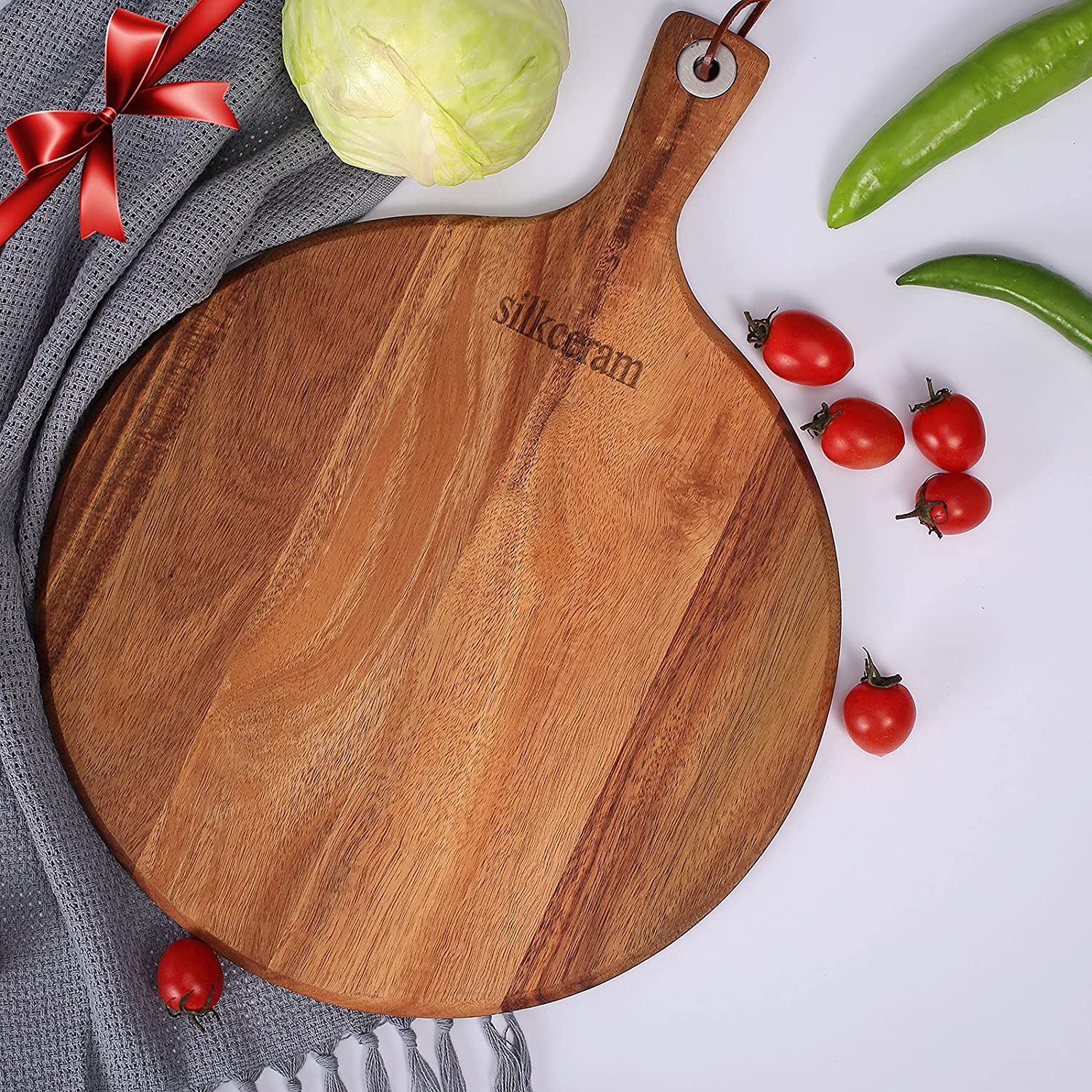 Price:$20.99 Acacia Wood Pizza Peel, Round 12 Inch Wooden Cutting Boards, Cheese Paddle Board, Bread and Crackers Platter Serving Board – 16"x12"x0.5": Home & Kitchen