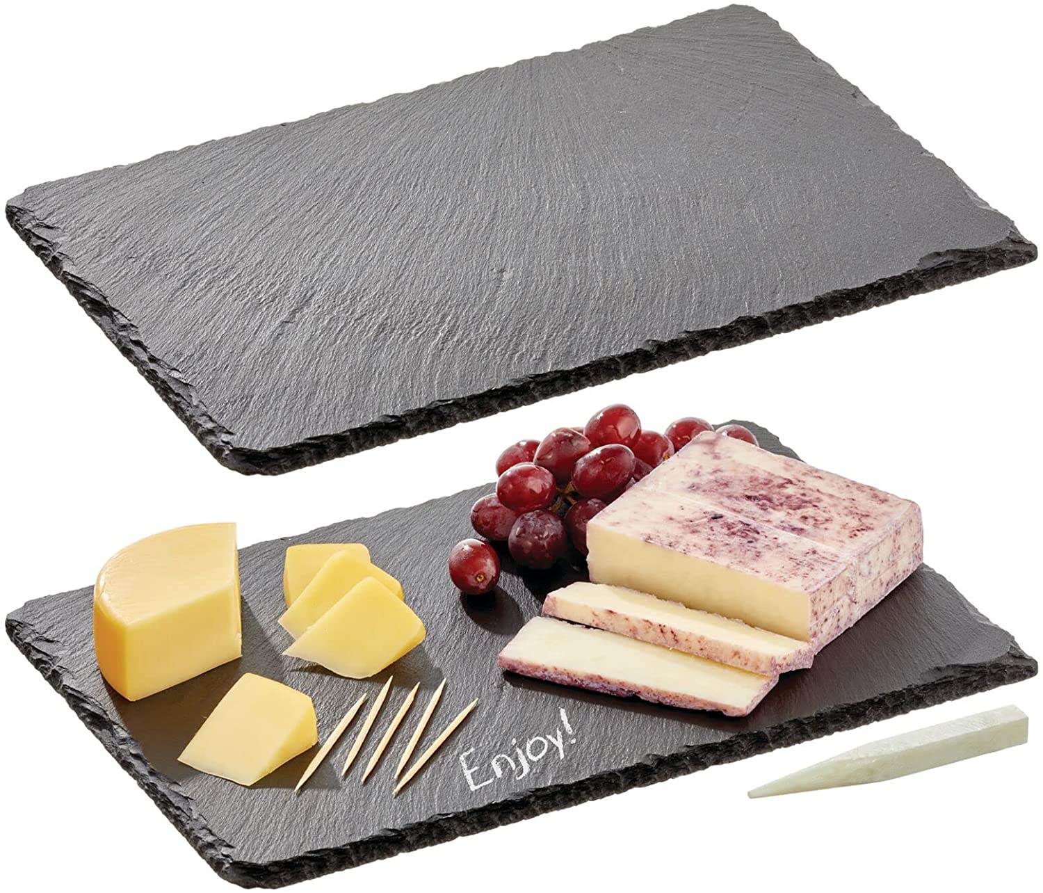 Price:$26.99 Slate Stone Gourmet Chalkboard Serving Platter, Cheese Board, Charcuterie Tray with Natural Edge and Chalk Pencil for Cheese, Meats, Appetizers, Dried Fruits, and Food - 2 Pack - Black: Cheese Plates