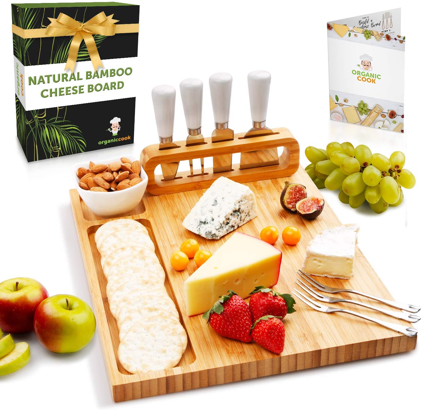 Price:$34.99 Cheese Board and Knife Set - Charcuterie Board Set, 14 x 11 inch Cheese Platter Board, Cheese Board with Cutlery Set, Cheese Tray, Wedding Gift Wooden Cheese Board Set: Cheese Servers