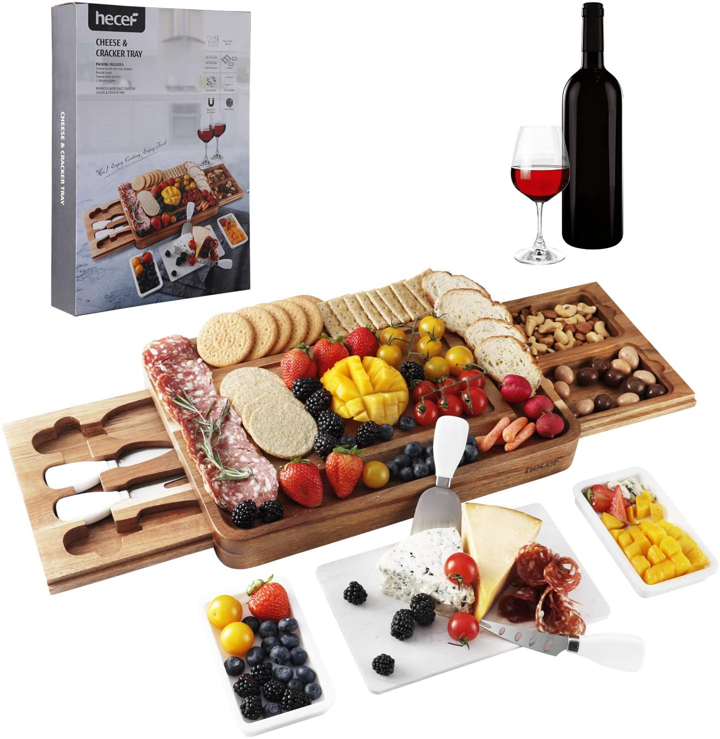 Price:$46.99 Acacia Wood Cheese Board Set, Square Cheese Platter with 2 Slide-Out Drawers& Cutlery Set& Snack Plates& Marble Cheese Slate, Perfect Charcuterie Board for Serving Appetizers and Fruits (White): Cheese Plates
