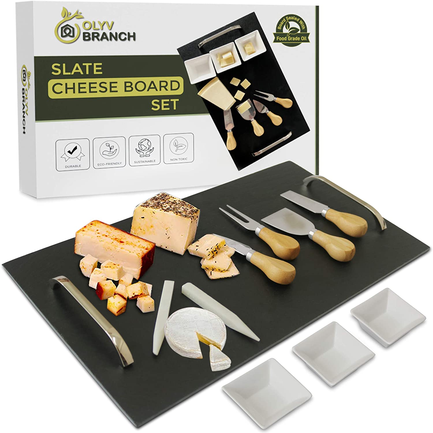 Price:$46.15 Branch Slate Cheese Board Set-10pc Serving Tray 16" x 10'' Large-Durable & Versatile Serving Tray Sealed with an Anti Stain Coating-Great for Home & Restaurant Cheese Tapas & Appetizers Serving: Cheese Plates