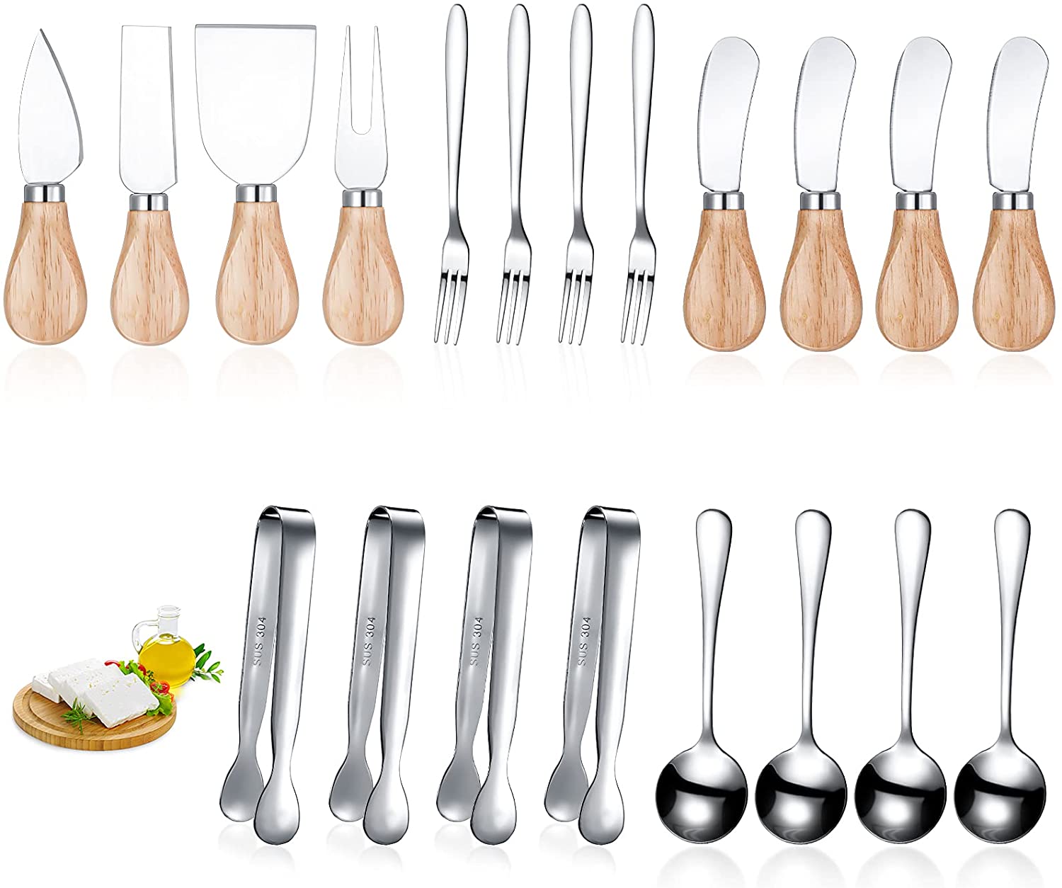 Price:$22.99 Knife Set Cheese Butter Knife Cheese Slicer Knife Stainless Steel Cheese Spatula Set with Wooden Handles Mini Serving Tongs Spoons Forks for Birthday Wedding Christmas (20): Home & Kitchen
