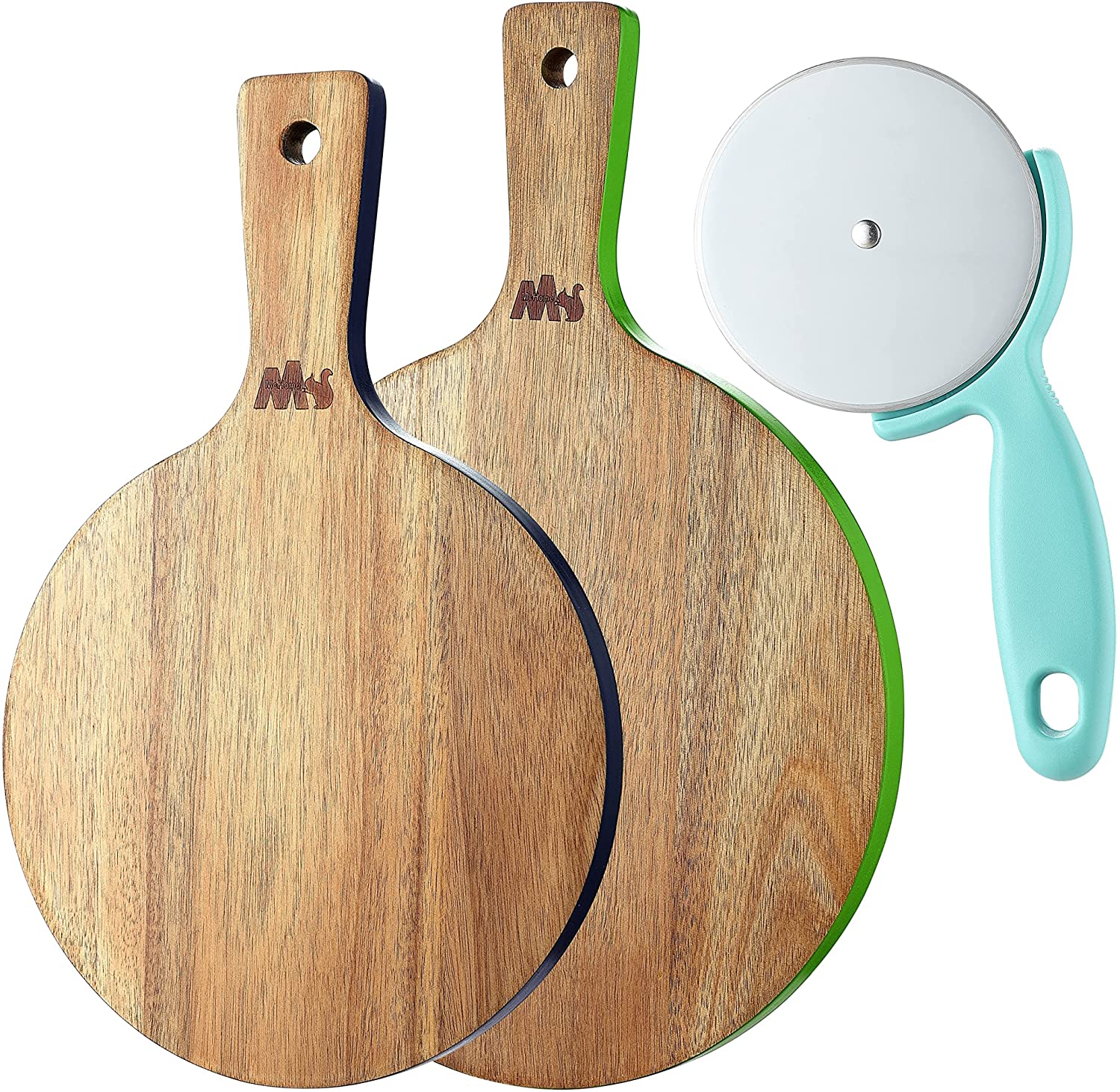Price:$19.99 MBW12 Pizza Peel and Pizza Cutter Set of 3, Acacia Wood Cutting Board, Cheese Paddle Board, Bread and Crackers Platter for Serving with Handle: Home & Kitchen
